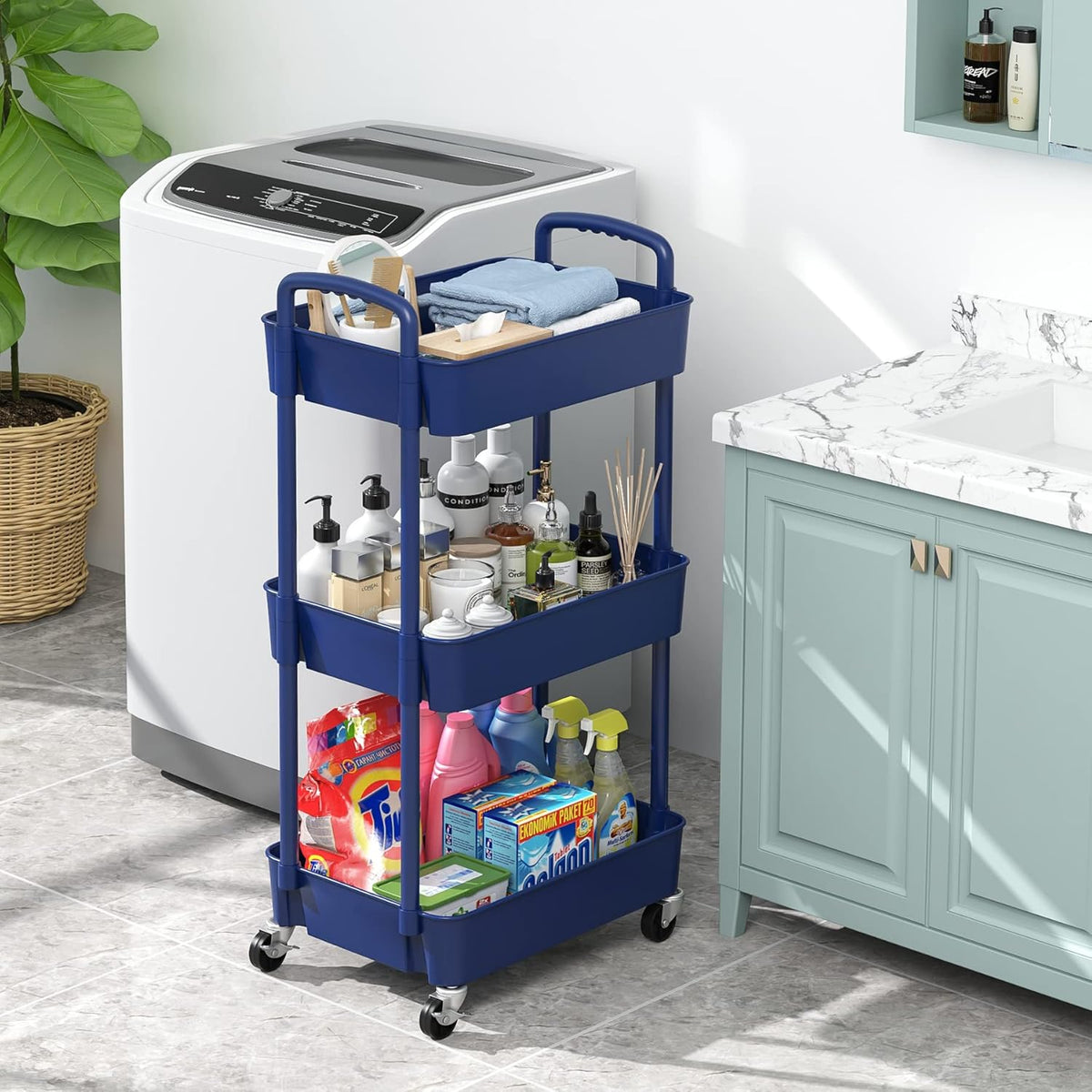 Sywhitta 3-Tier Plastic Rolling Utility Cart with Handle, Multi-Functional Storage Trolley for