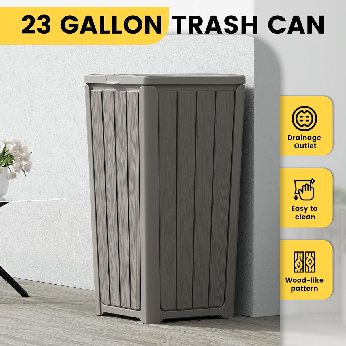 Outdoor Trash Can with Lid, Waterproof Resin Garbage Can with Tiered Lid, Outside Trash Bin for
