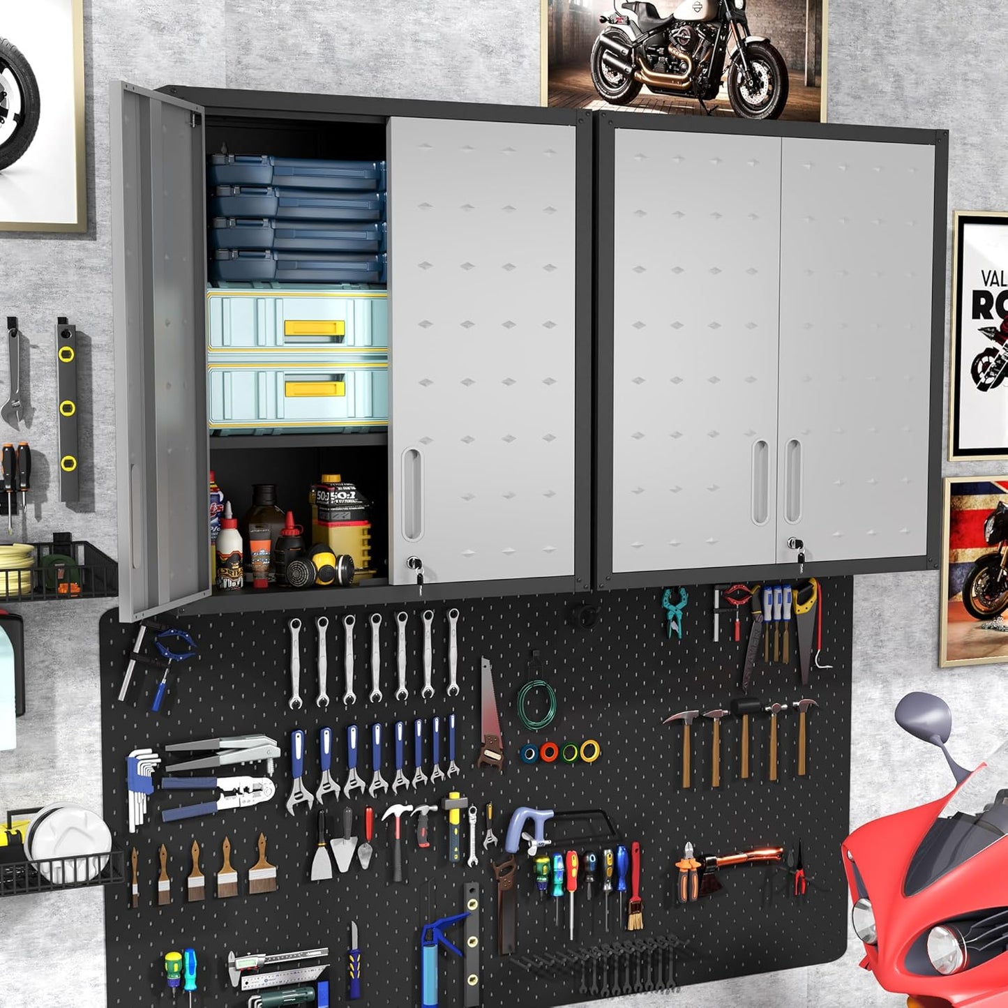 Garage Wall Mounted Storage Cabinet with Doors and Shelves, Lockable Metal Wall Cabinet, Hanging