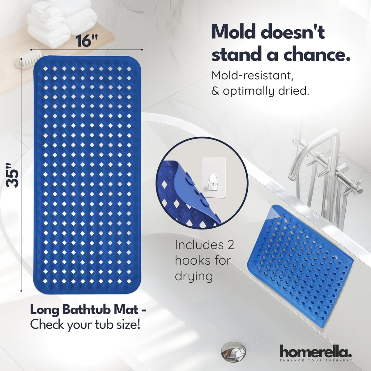 homerella® Bathtub Mat Non Slip 35x16, Incl. Hooks for Drying, Extra Long, 100% BPA Free, Shower