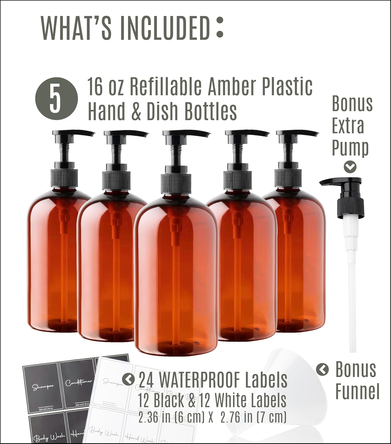 Alora 5-in-1 Apothecary Bottles for Home & Commercial Use - 16oz Elegant 8.5x3in Refillable Amber