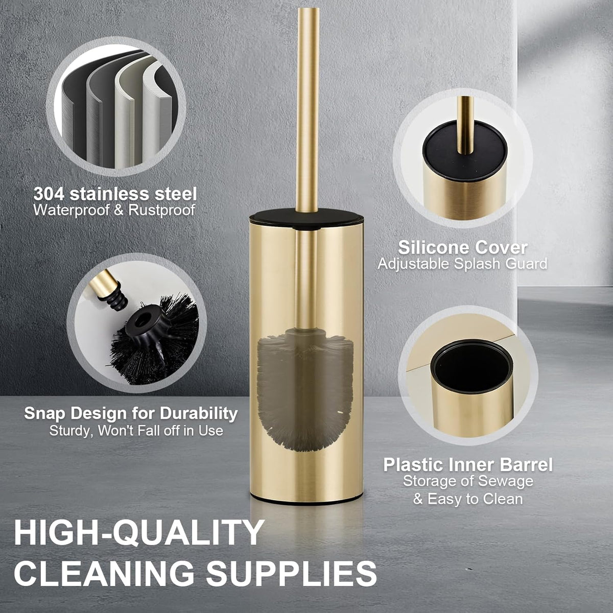 304 Stainless Steel Toilet Bowl Brush and Holder Set, Circular Floor Toilet Brush Holder, Long