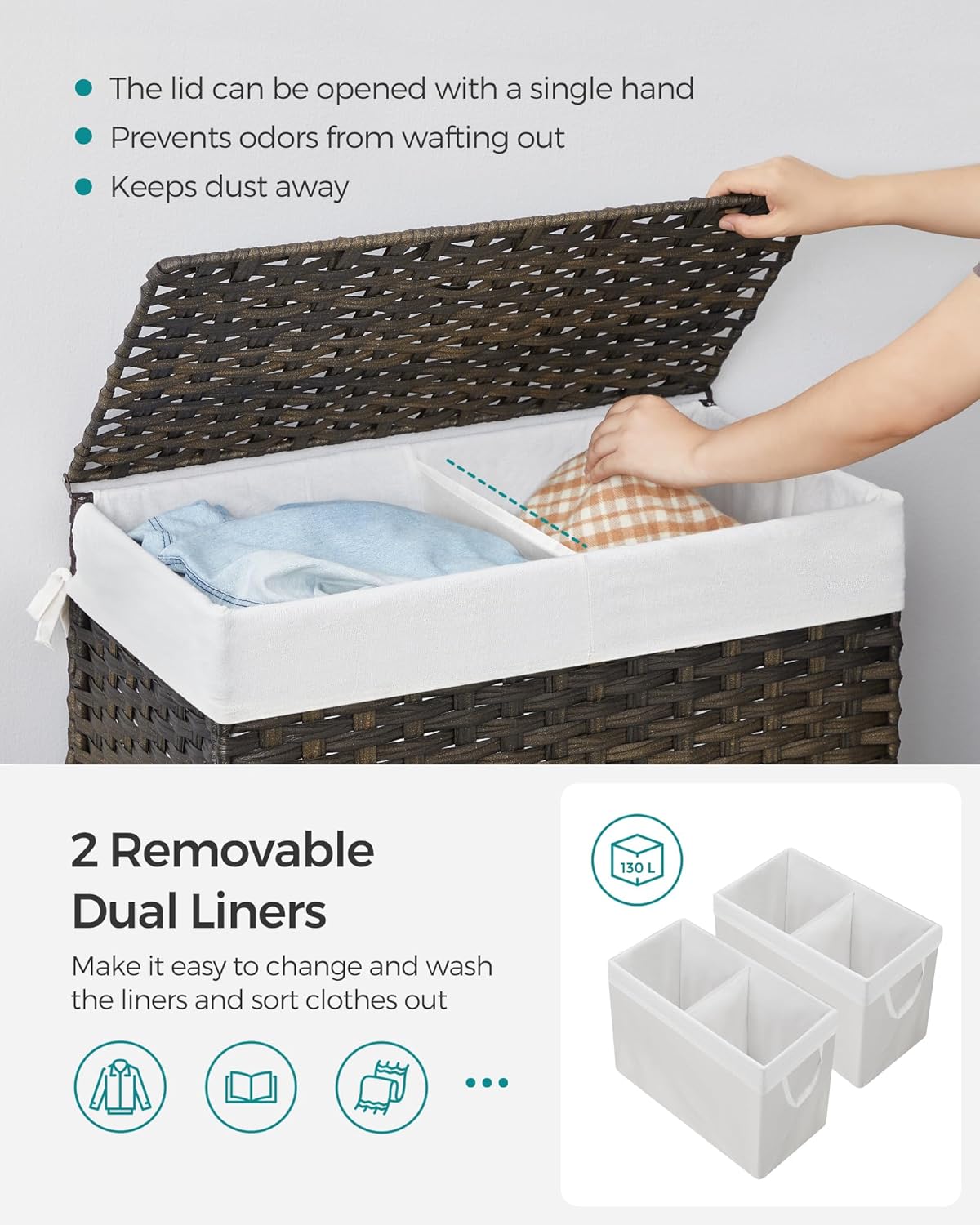 SONGMICS Laundry Hamper with Lid, 130L Clothes Hamper with 2 Removable Liner Bags and 6 Mesh Bags