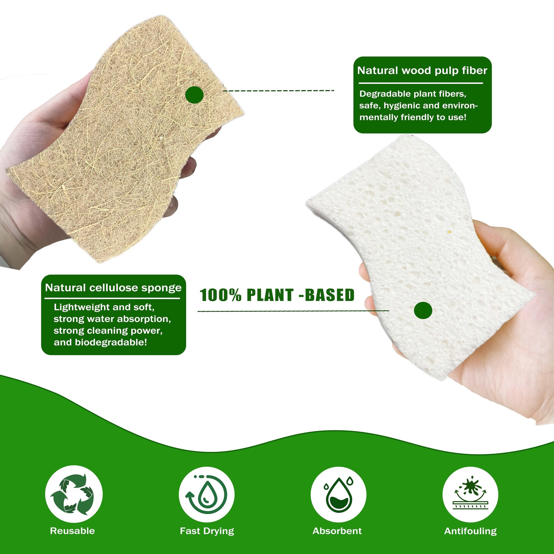 UCCO Eco Friendly Biodegradable Kitchen Sponges 12 Pack – Natural Compostable Cellulose with