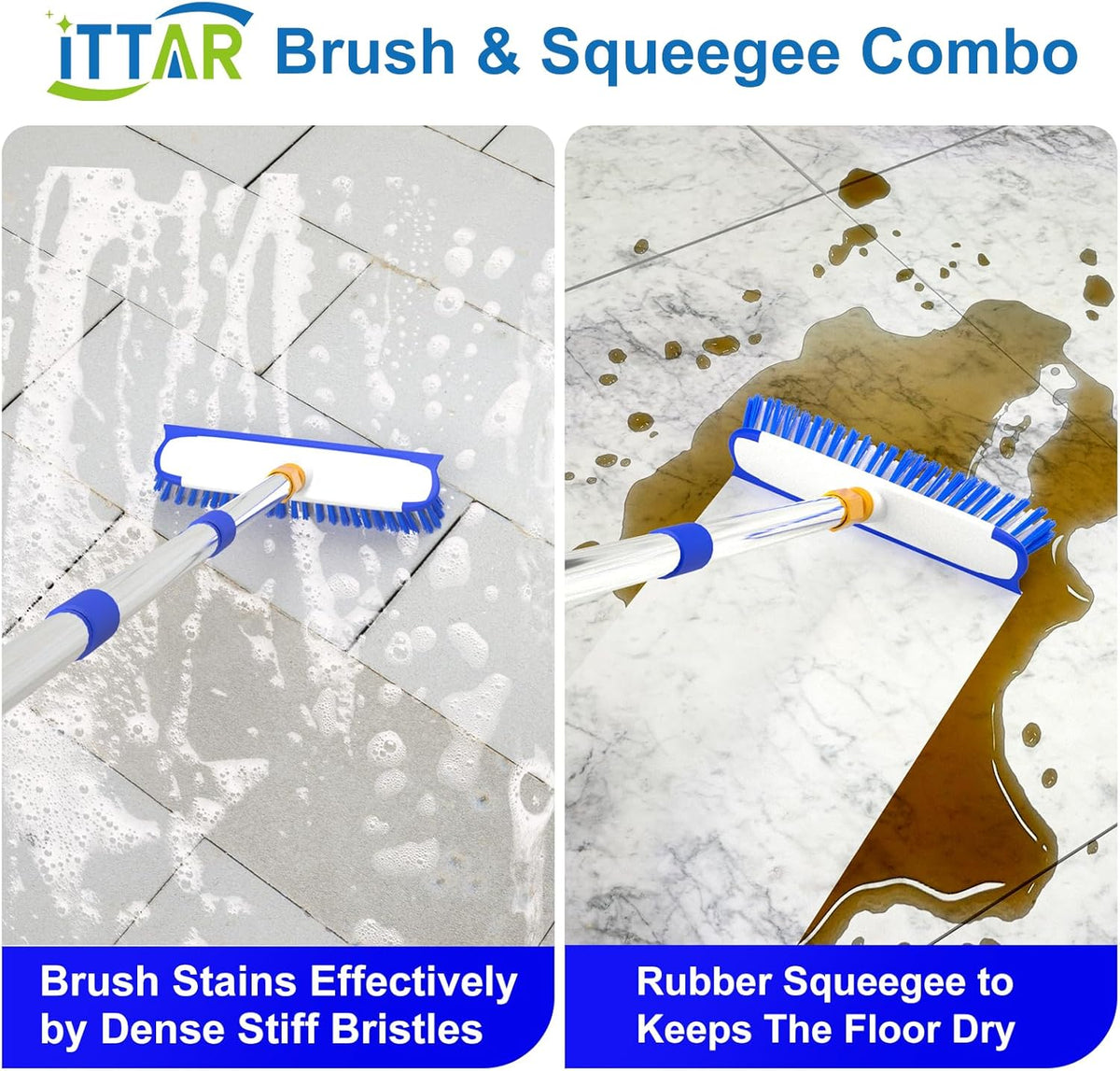 ITTAR 12" Wide Floor Scrub Brush with Long Handle, 2-in-1 Deck Cleaning Brush with 55" Extendable