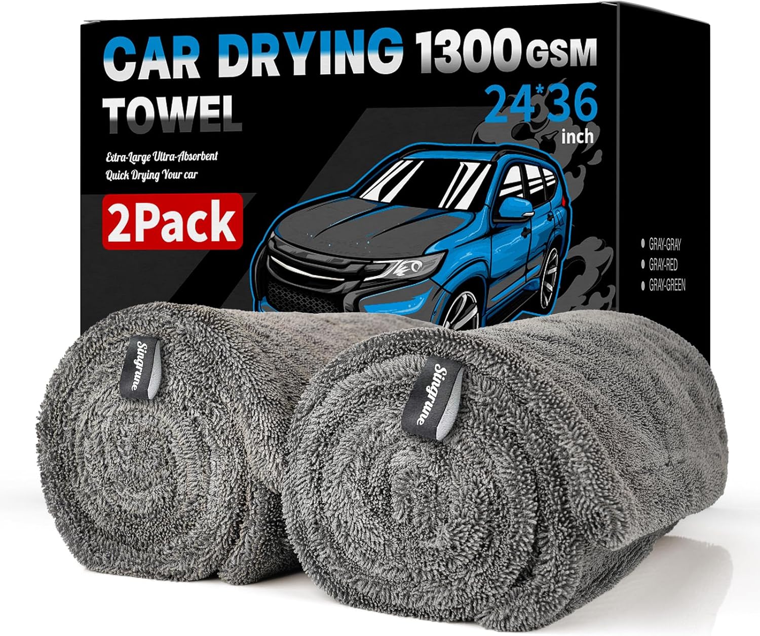 2 Pack XL Car Drying Towel – 1300GSM Ultra Absorbent Microfiber, 24"x36" Large Size, Twisted Loop