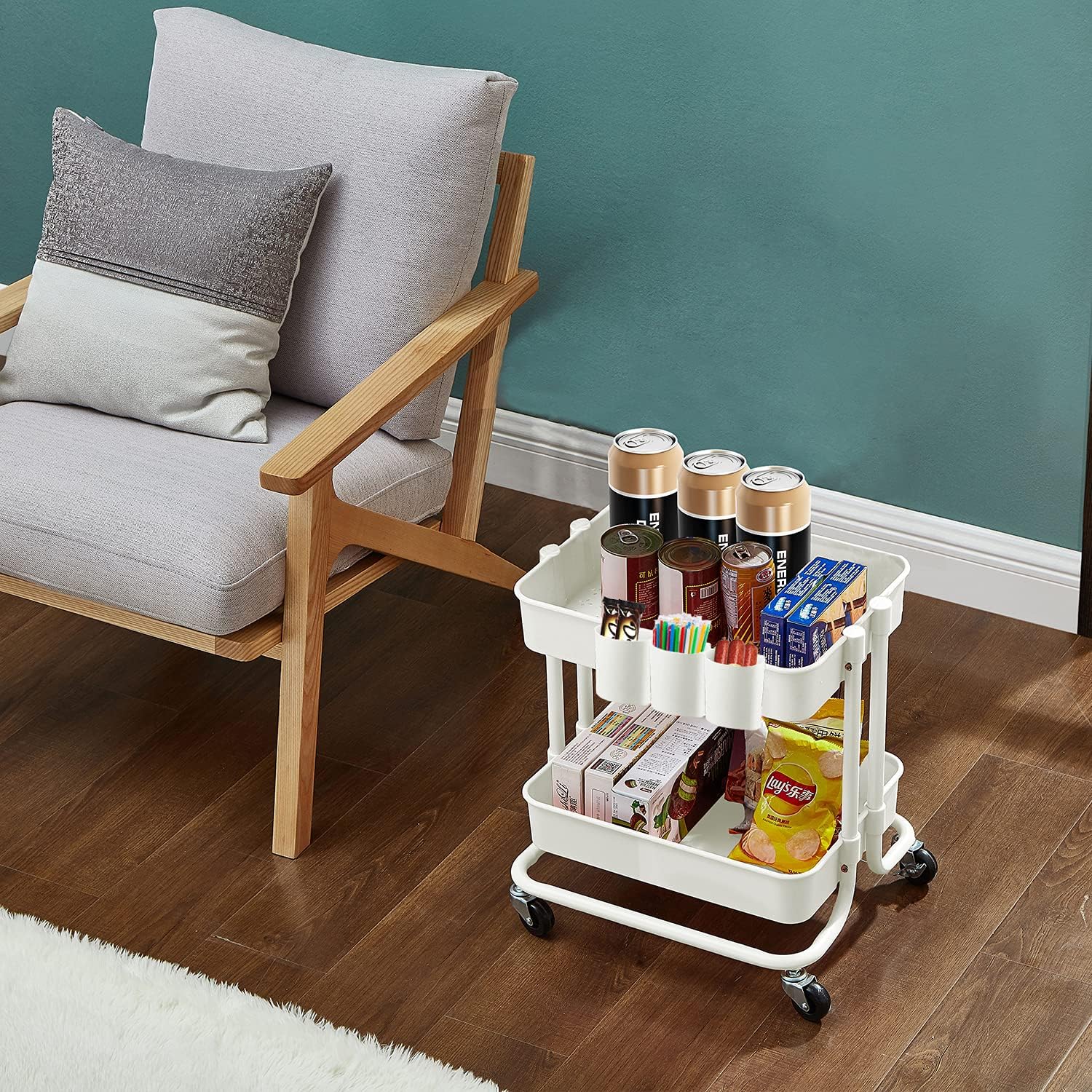 2-Tier Utility Rolling Cart Storage Sofa Side Table with Wheels, Mobile Trolley Organizer with for