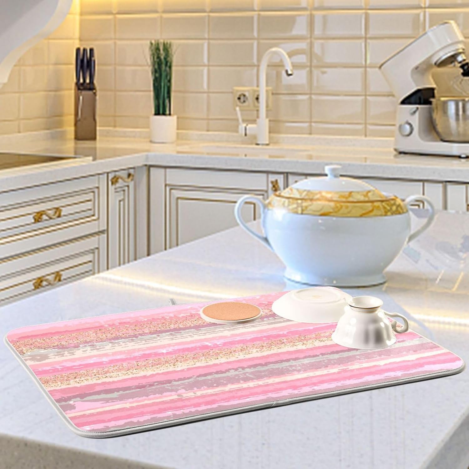 Pink Gold Stripe Dish Drying Mat for Kitchen Countertop 16x18 Rectangle Small Drying Mat Reusable