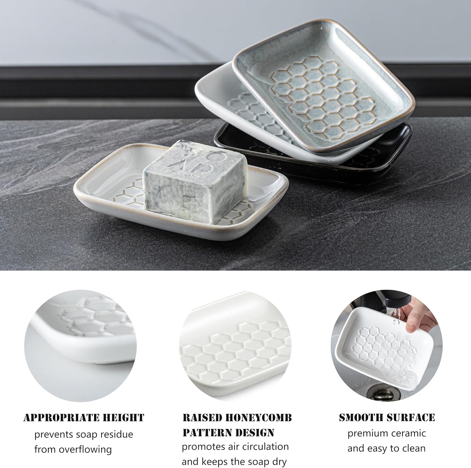 Gomakren Soap Dish for Shower, Bar Soap Holder, Ceramic Soap Dishes for Bar Soap, Sponge Holder
