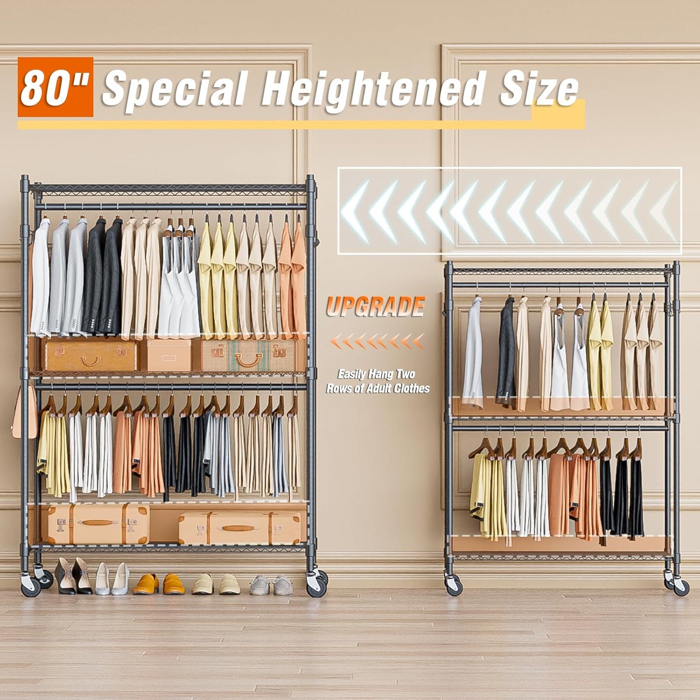 Homdox Heavy Duty Rolling Clothing Rack, Adjustable Garment Rack with 3 Tier Storage Shelves