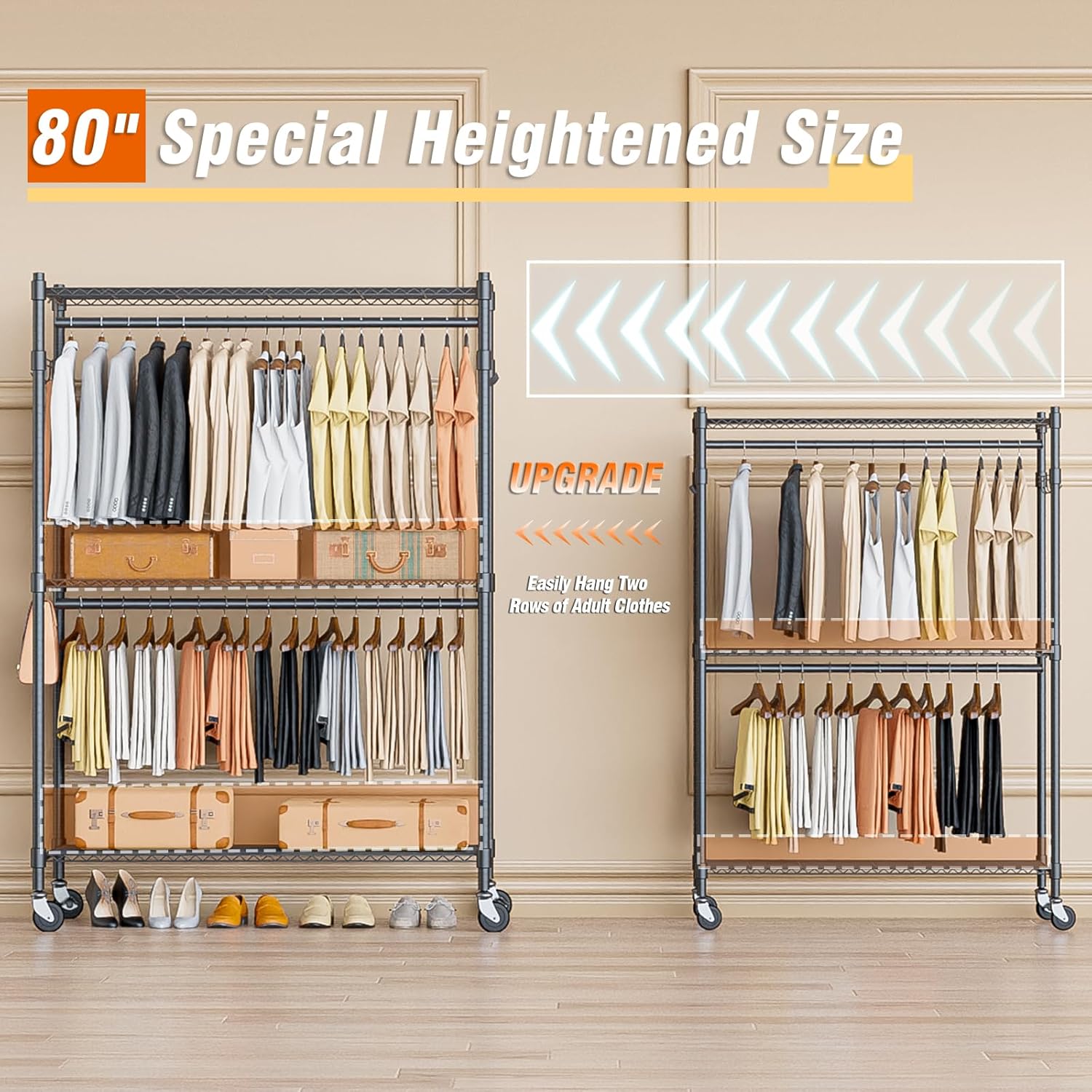 Homdox Heavy Duty Rolling Clothing Rack, Adjustable Garment Rack with 3 Tier Storage Shelves