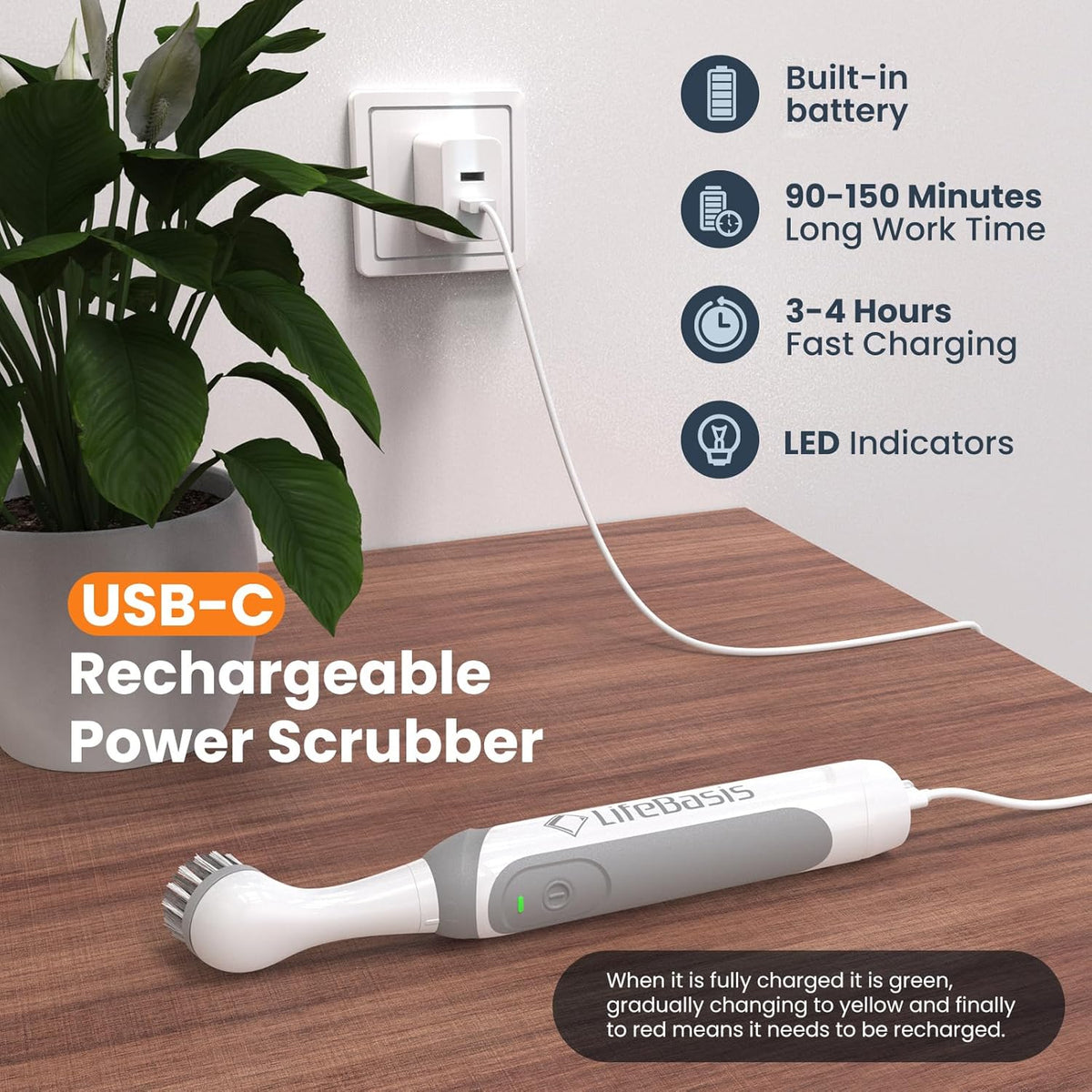LifeBasis Rechargeable Power Scrubber, Cordless Electric Cleaning Brush, Water Resistant Small