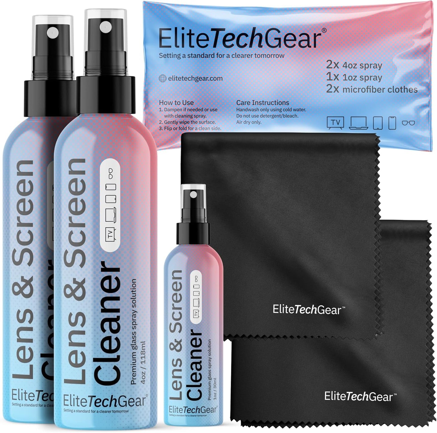 Elite Tech Gear Optical, Screen & Lens Care Kit - 3pc Spray (2x4oz+1oz) with 2 Microfiber Cloths