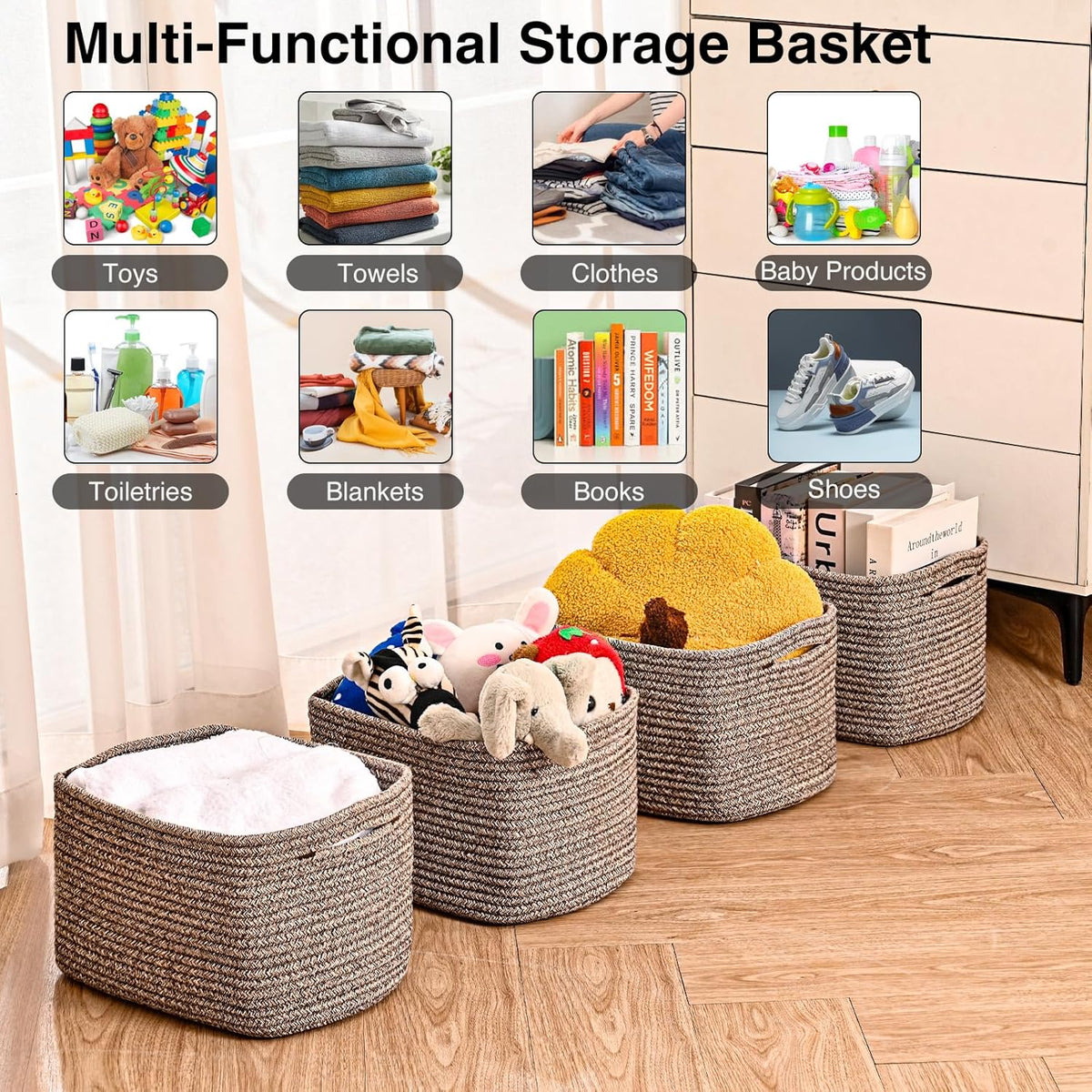 Storage Baskets for Shelves Organizing, Woven Cotton Rope Baskets for Storage, Book Basket