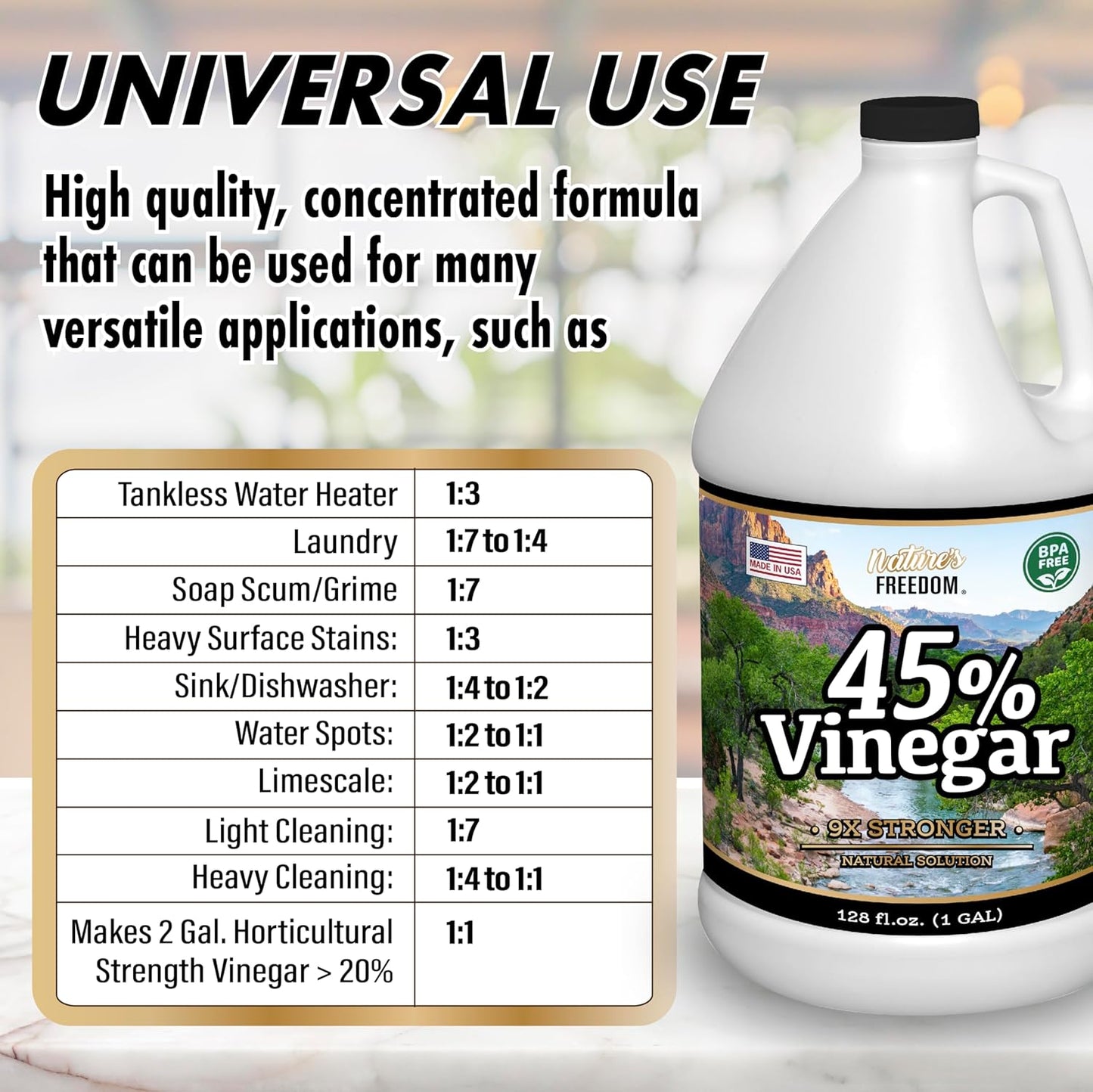 Nature's Freedom 45% Concentrated Vinegar, 1 Gallon - Dilutes to 9 Gallons - 9x Strength