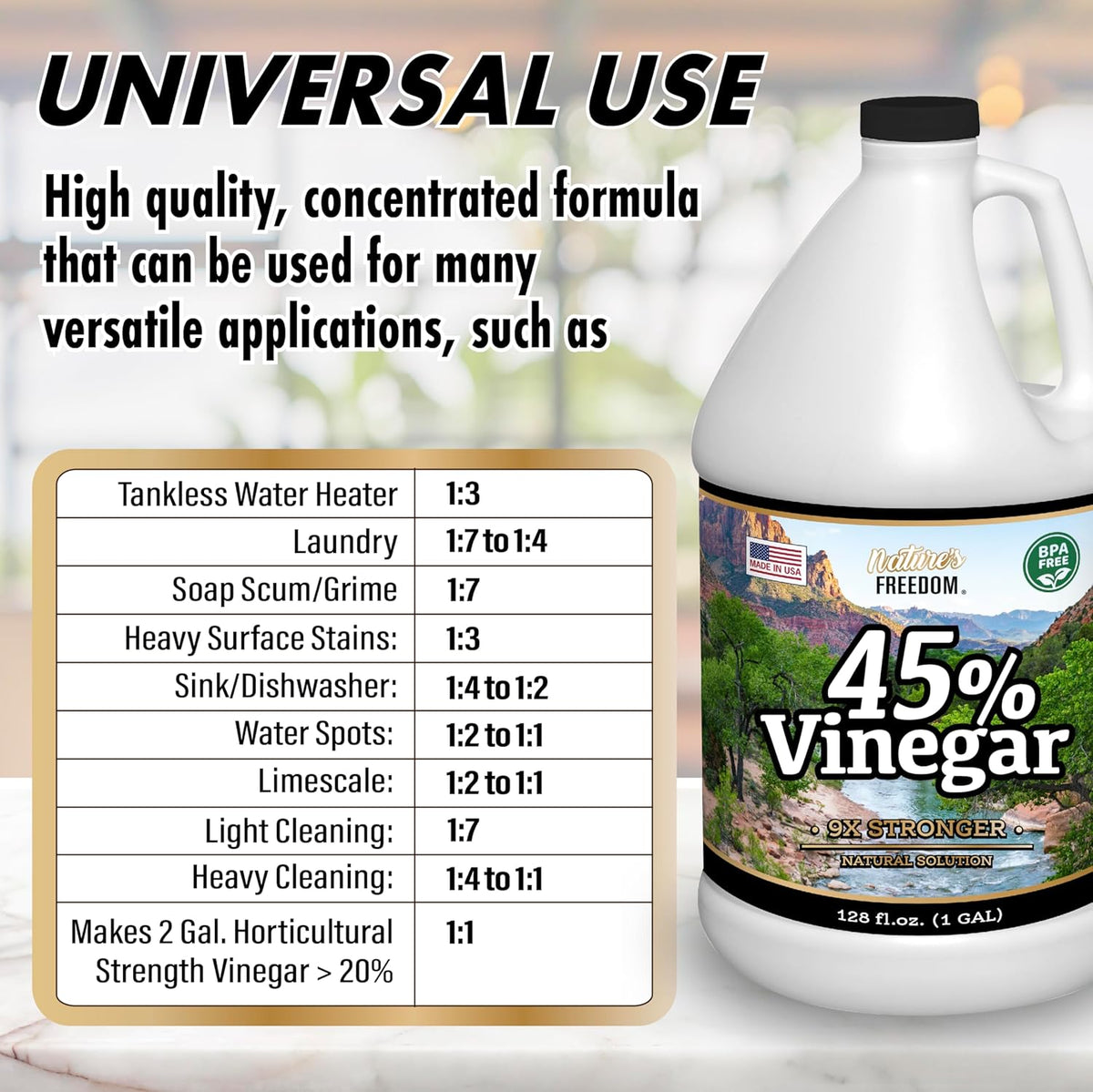 Nature's Freedom 45% Concentrated Vinegar, 1 Gallon - Dilutes to 9 Gallons - 9x Strength