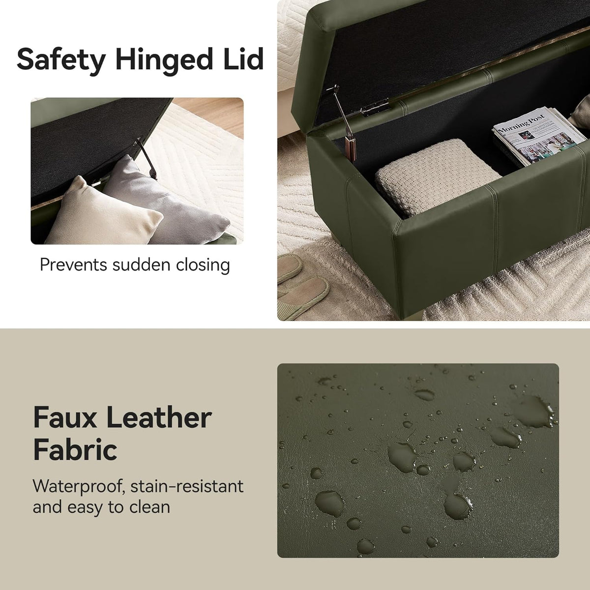 41" Faux Leather Storage Ottoman, Stitch Tufted Rectangle Upholstered End of Bed Storage Bench