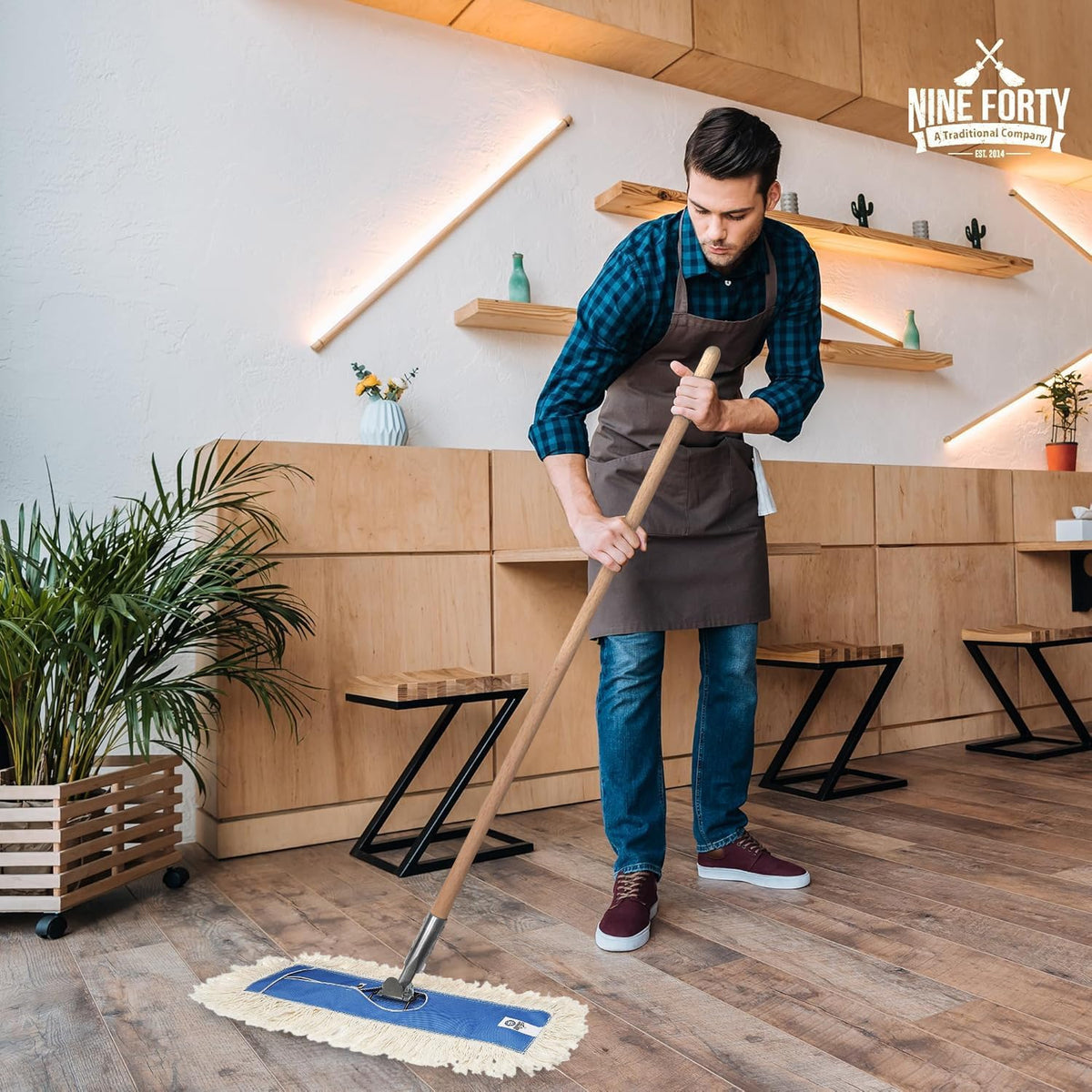 Nine Forty 48" Premium Cotton Dust Mop Kit - Heavy Duty Mop Head with Wood Handle for Industrial
