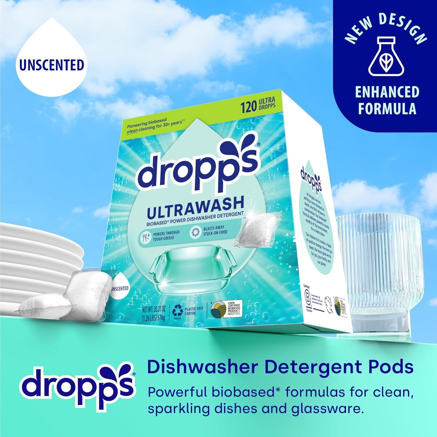 Dropps UltraWash Dishwasher Pods, Unscented (120 Count) - Biobased Power Deep Clean Dishwasher