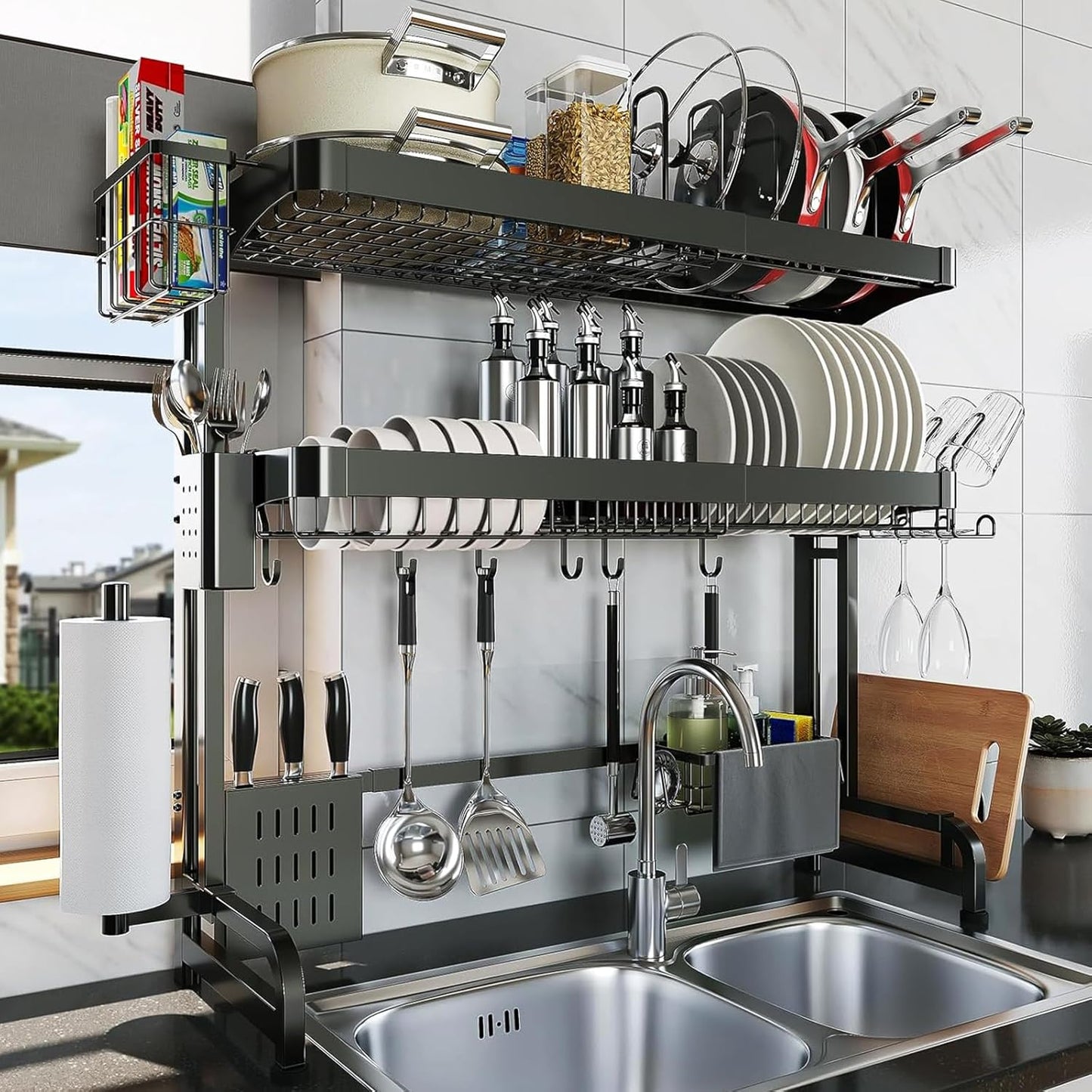 Over The Sink Dish Drying Rack,3 Tier Adjustable Length Full Stainless Steel Large Storage Kitchen