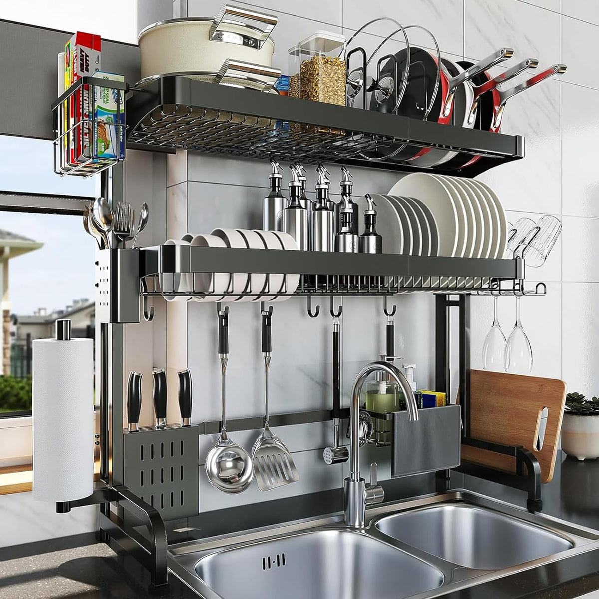 Over The Sink Dish Drying Rack,3 Tier Adjustable Length Full Stainless Steel Large Storage Kitchen
