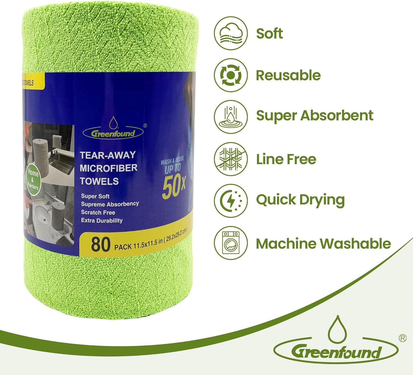Greenfound Microfiber Cleaning Cloth Roll -80 Pack,Tear Away Microfiber Towels for Car,Reusable