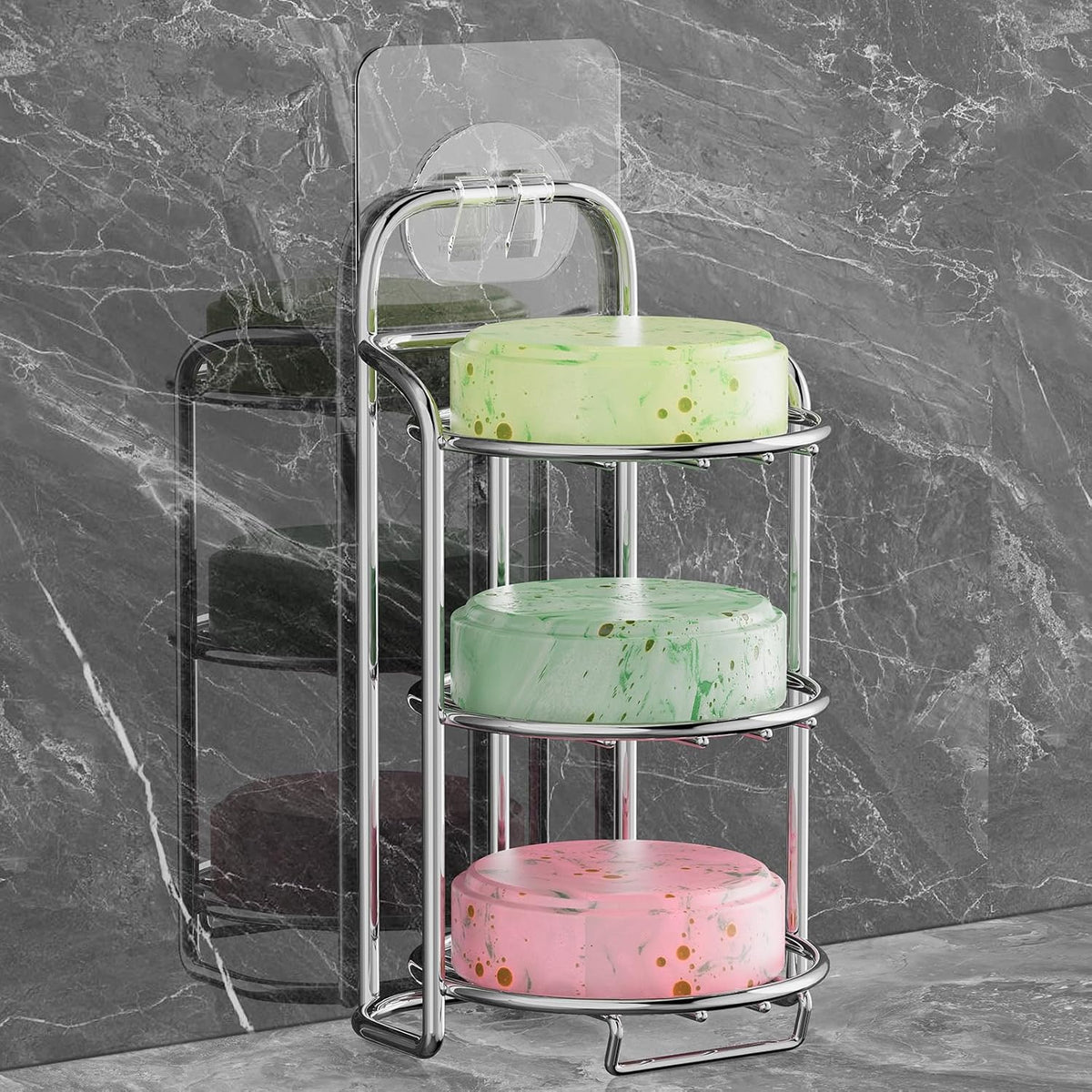 Silver 3-Tier Shower Soap Shampoo Bar Holder, Self Adhesive & Freestanding Draining Soap Dish Caddy