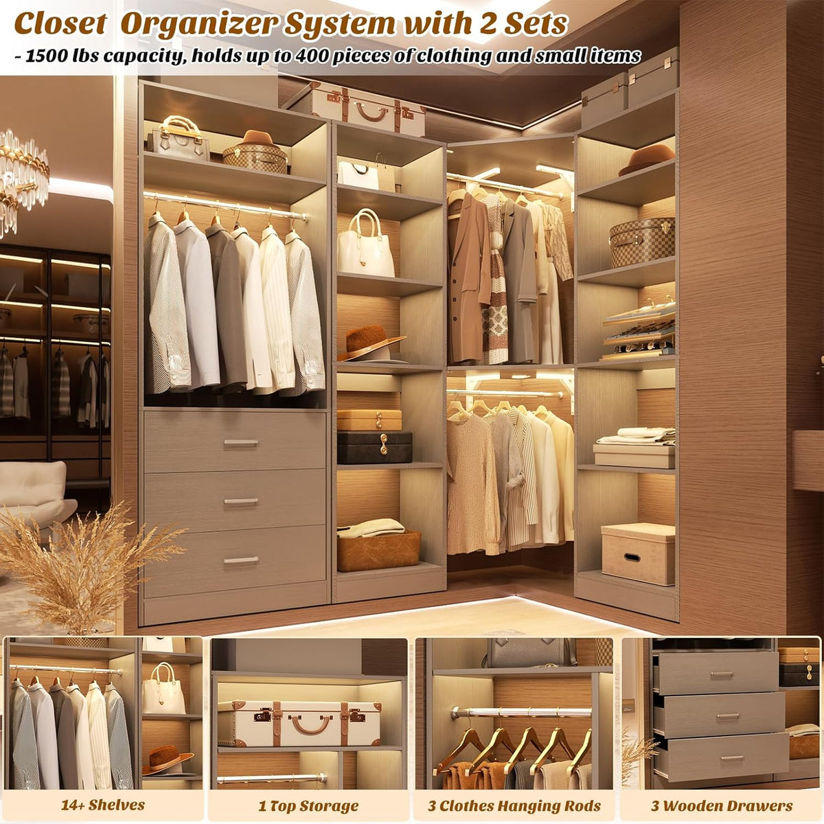 Corner Closet System with 3 Drawers, Corner Closet Organizer System with 13 Shelves & 3 Hanging