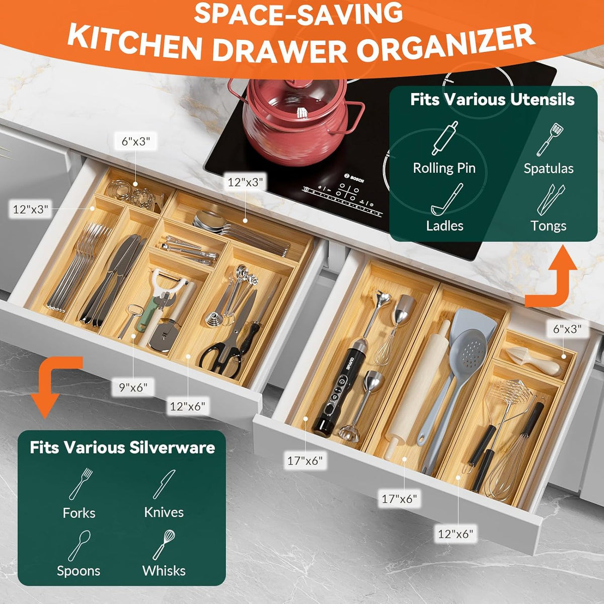 Bamboo Kitchen Drawer Organizer, Stackable Utensil Holder Silverware Organizer Cutlery Tray - 2PCS