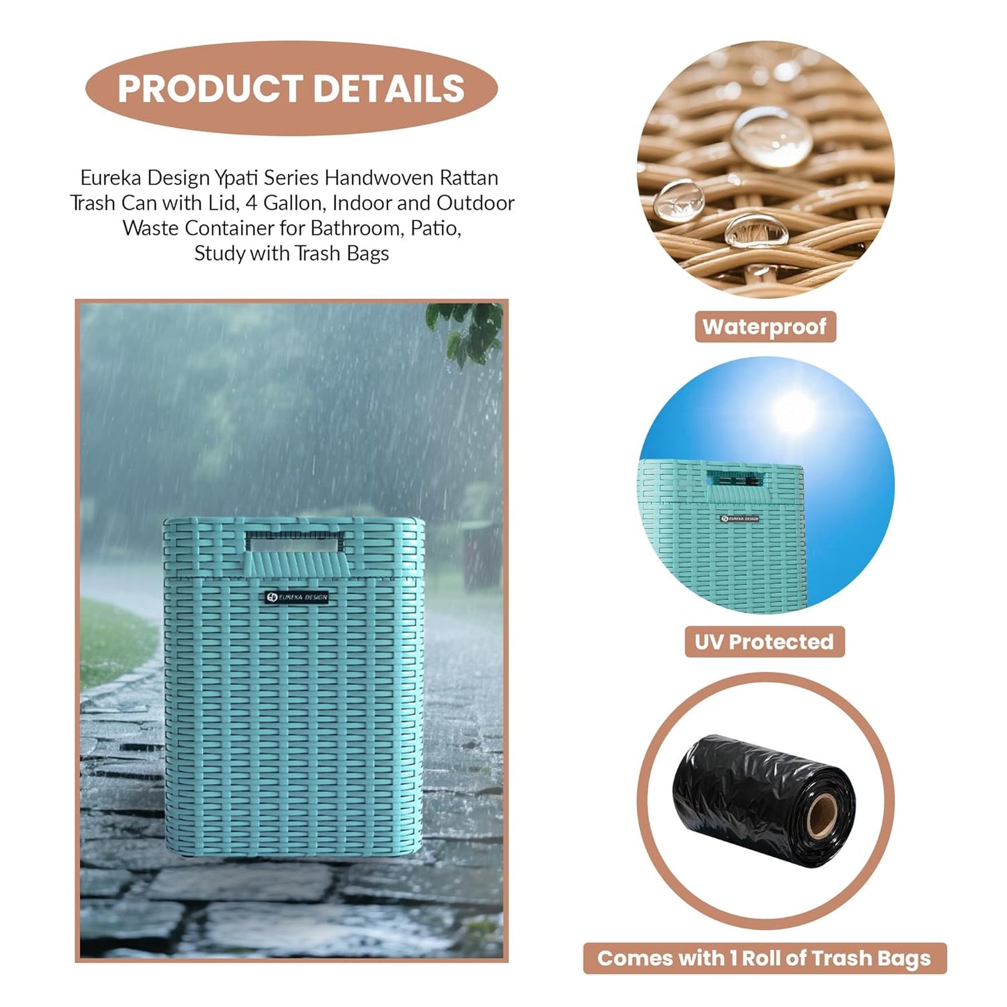 Ypati Handwoven Rattan Trash Can with Lid, Indoor and Outdoor, 4.5 Gallon with Complementary Shelf