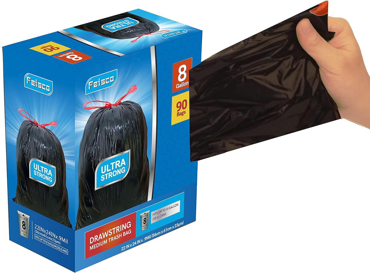 Feisco 8 Gallon Black Trash Bag,30L Drawstring Garbage Bag Trash Can Liner,90 Counts,0.9 Mil (8