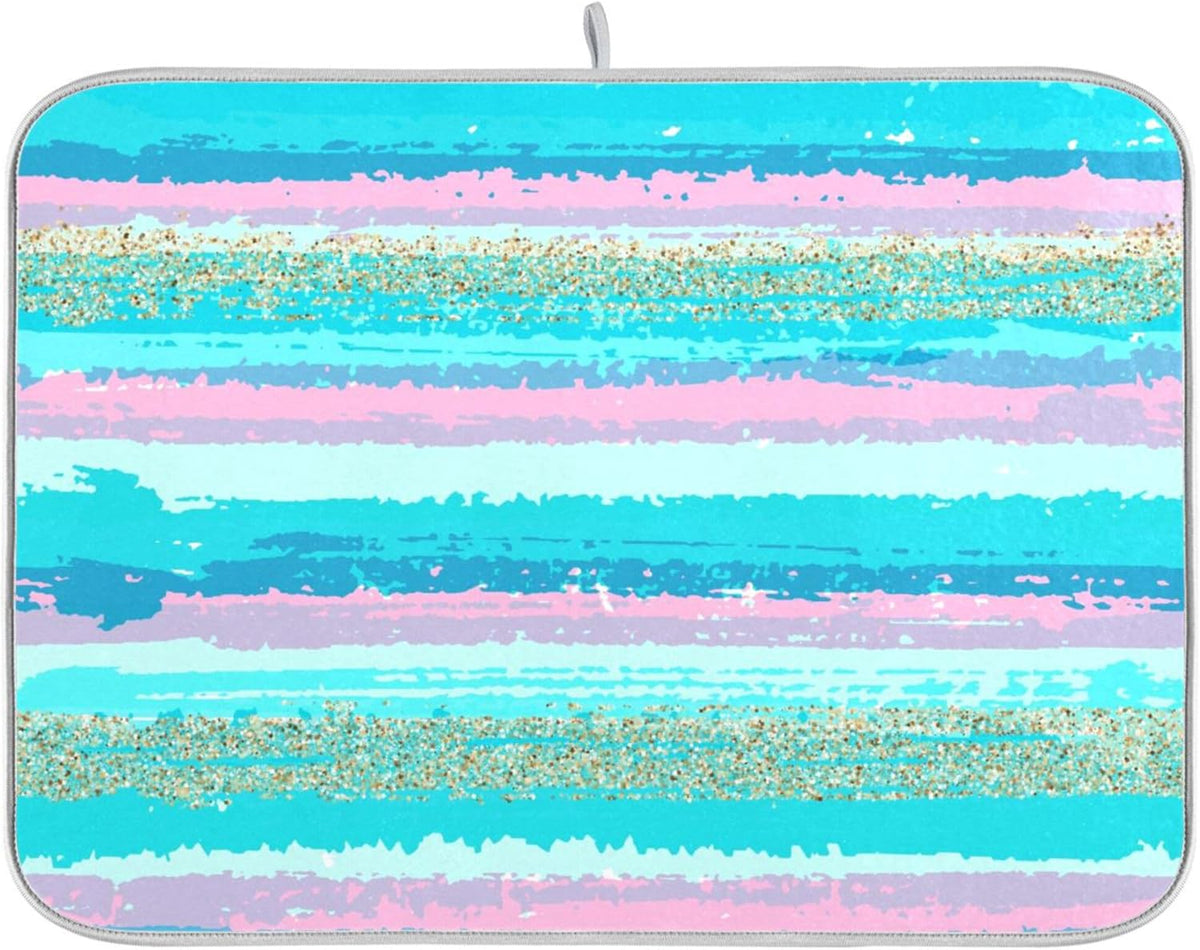Turquoise Stripe Dish Drying Mat for Kitchen Countertop 16x18 Rectangle Teal Aqua Small Drying Mat