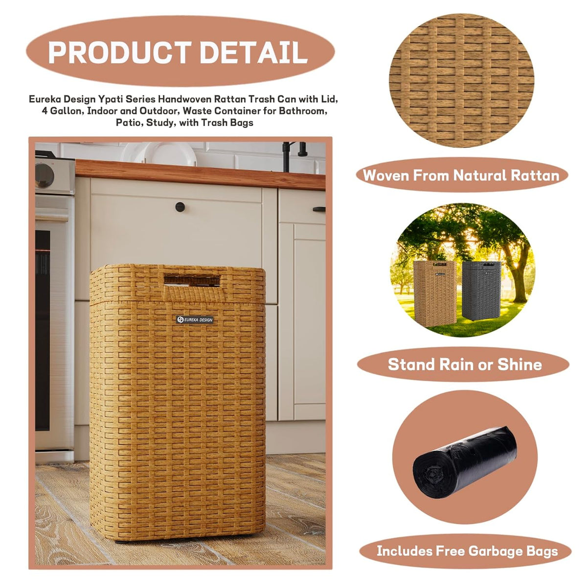 Ypati Handwoven 4 Gallon Rattan Trash Can with Lid, Boho Style Decorative Indoor and Outdoor Trash
