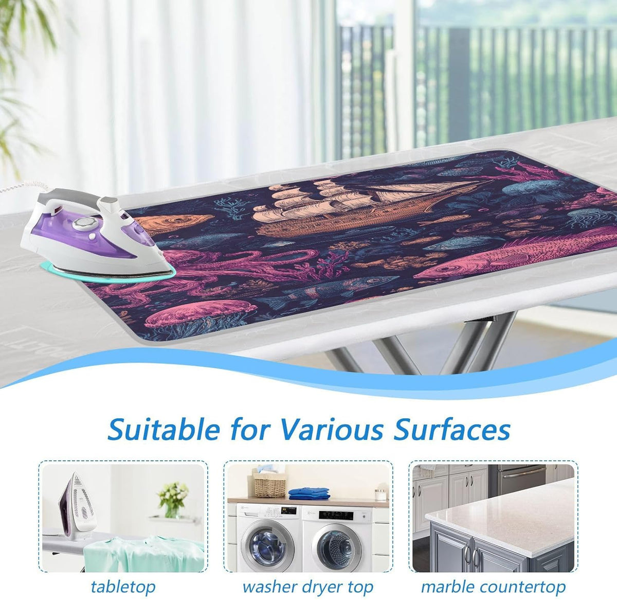 Red Blue Pirate Ship and Fish Ironing Mat Thickened Ironing Blanket Travel Portable Double-Side