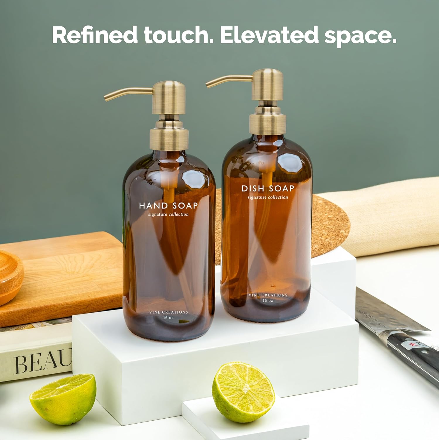 Vine Creations Amber Glass Soap Dispenser Set, Dish Soap and Hand Soap Dispenser Set with Stainless