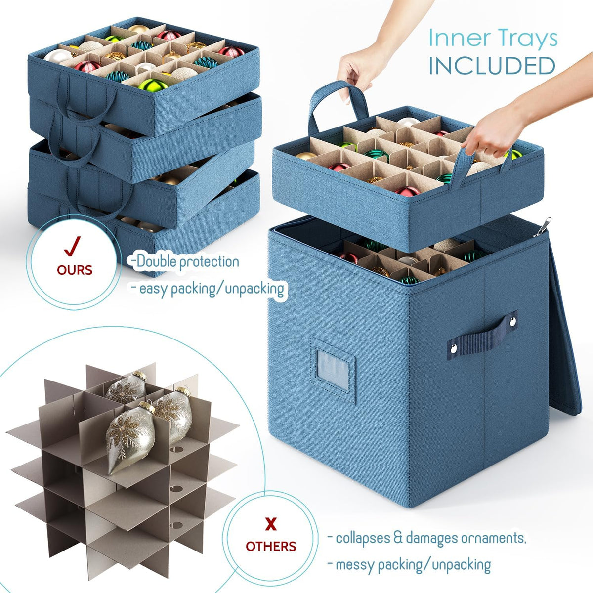 Hearth & Harbor Christmas Ornament Storage Box With 4 Inner Tray Dividers - Non-Woven Ornament