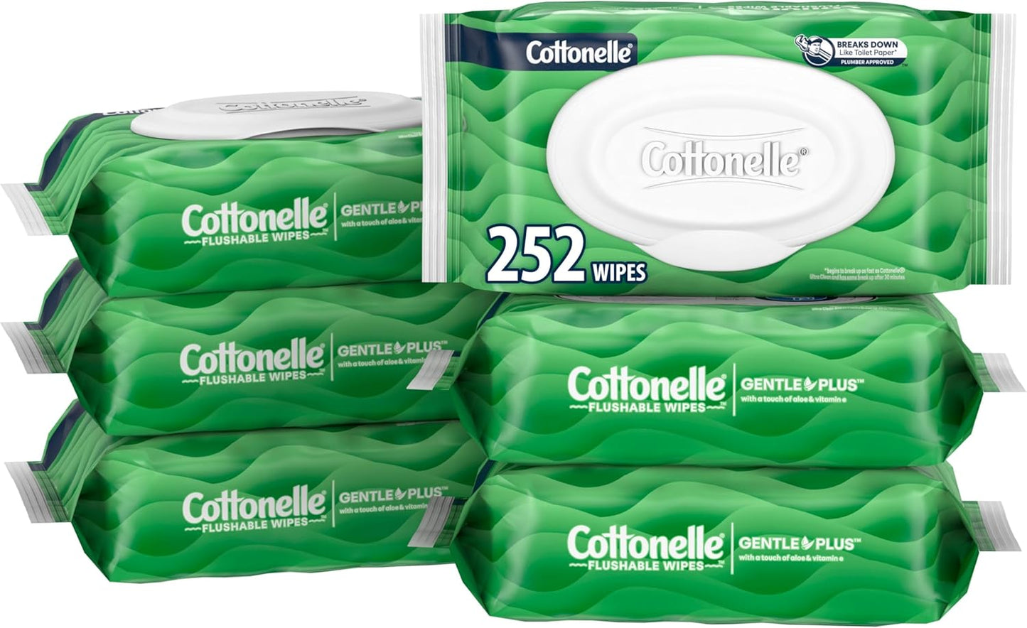 Cottonelle GentlePlus Flushable Wet Wipes with Aloe & Vitamin E, 6 Flip-Top Packs, 42 Wipes Per