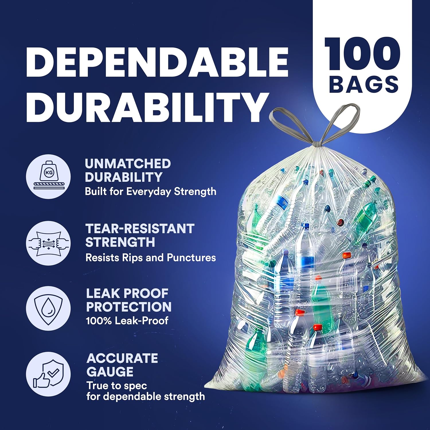 Plasticplace 32-33 Gallon Recycling Bags │ 0.9 Mil │ Clear Drawstring Garbage Can Liners │ 33" x