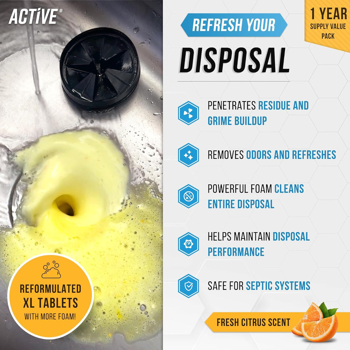 Garbage Disposal Cleaner Deodorizer Tablets - 24 Pack, New Powerful XL Foaming Tablet - Fresh