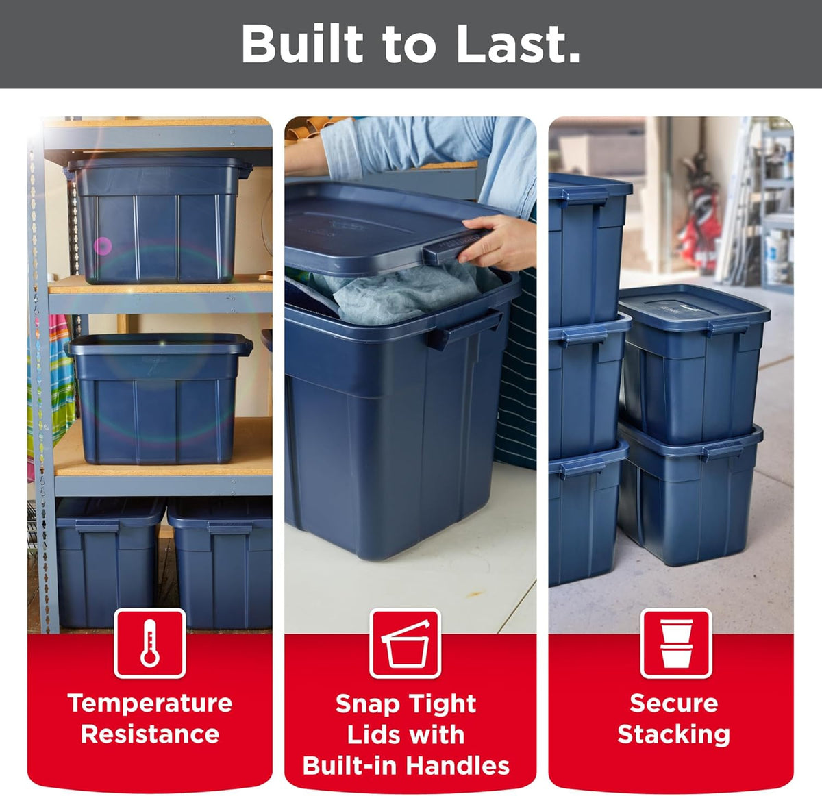 Rubbermaid Roughneck Tote 18 Gal, 6 Pack, Made in USA, Dark Indigo Metallic, Rugged Plastic