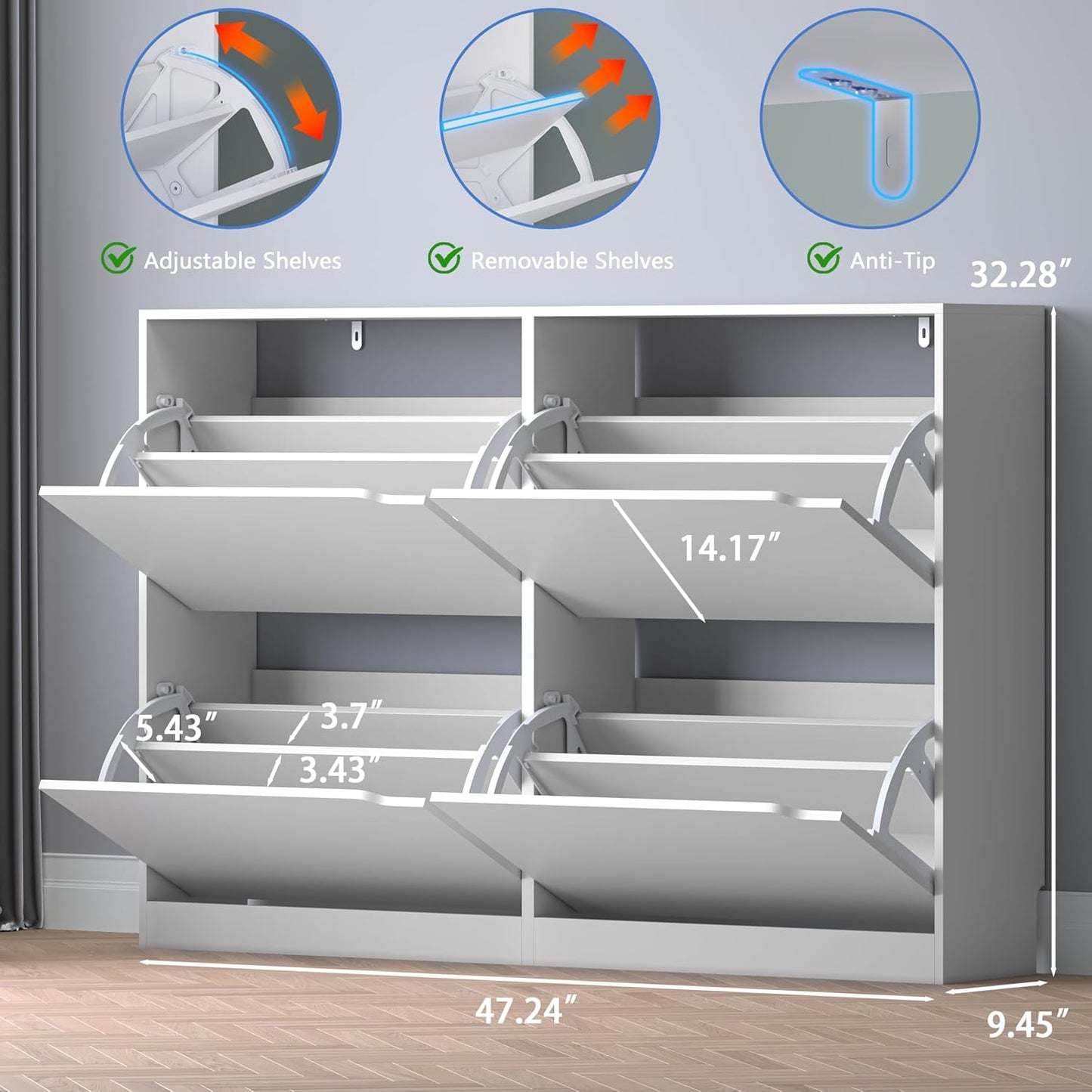 Shoe Cabinet with 4 Flip Drawers, Narrow Hidden Shoe Storage Cabinet, Slim Freestanding Shoe Rack