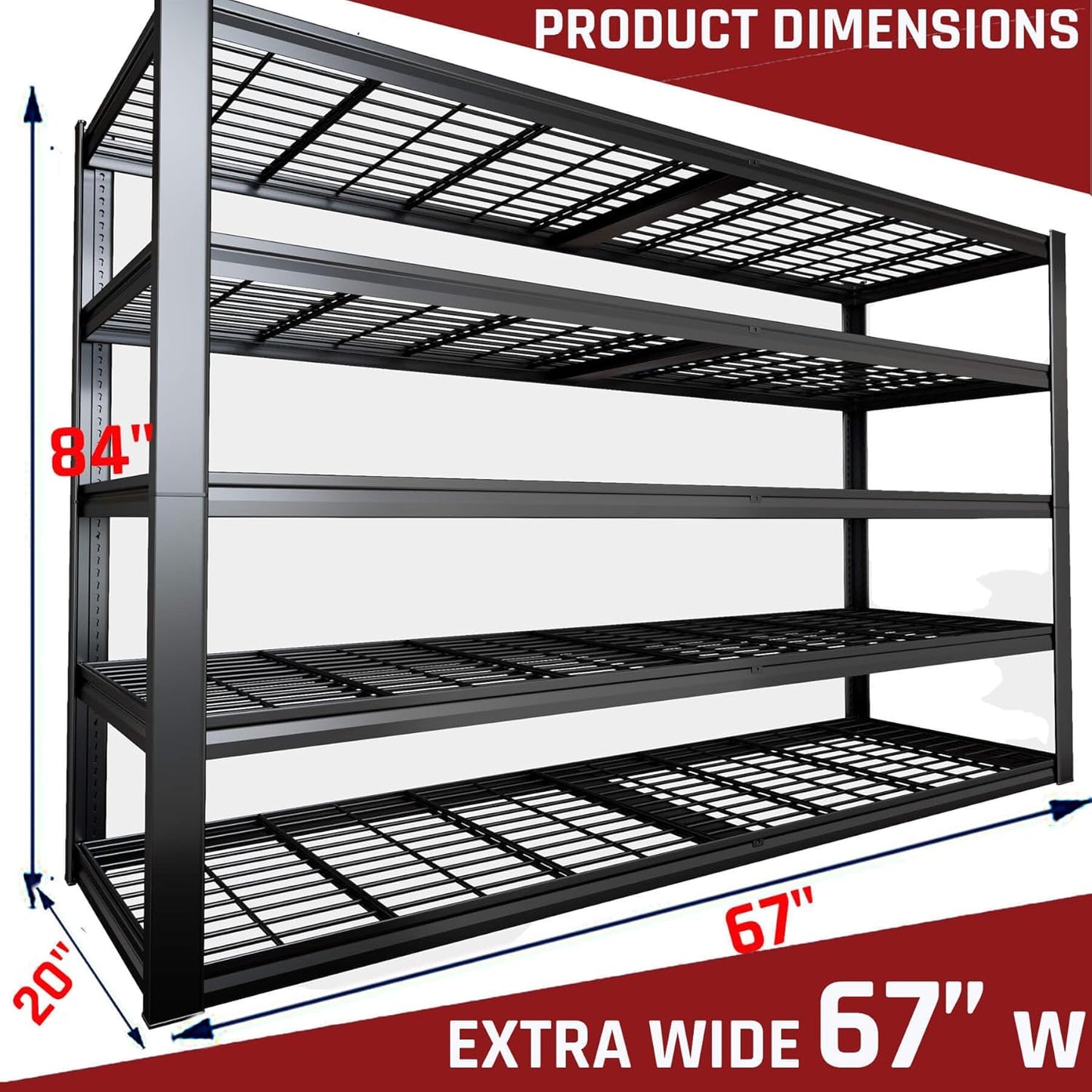 68" W Garage Shelving Heavy Duty, 5 Tier Garage Shelves, Adjustable Storage Shelving Unit