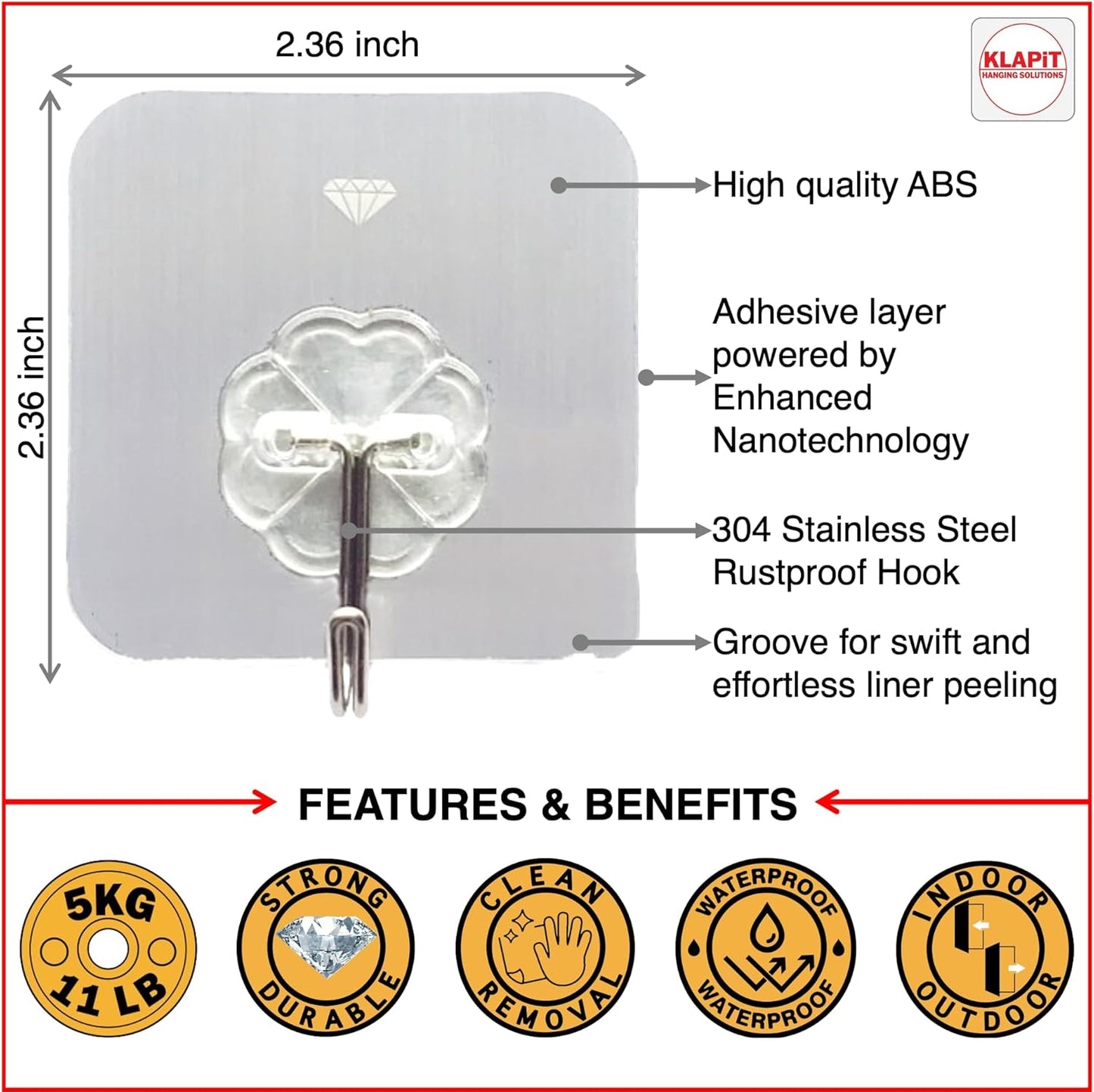 KLAPiT Super Hook - Heavy-Duty Adhesive Clear Wall Hooks, Holds Up to 11 lbs, Waterproof, No