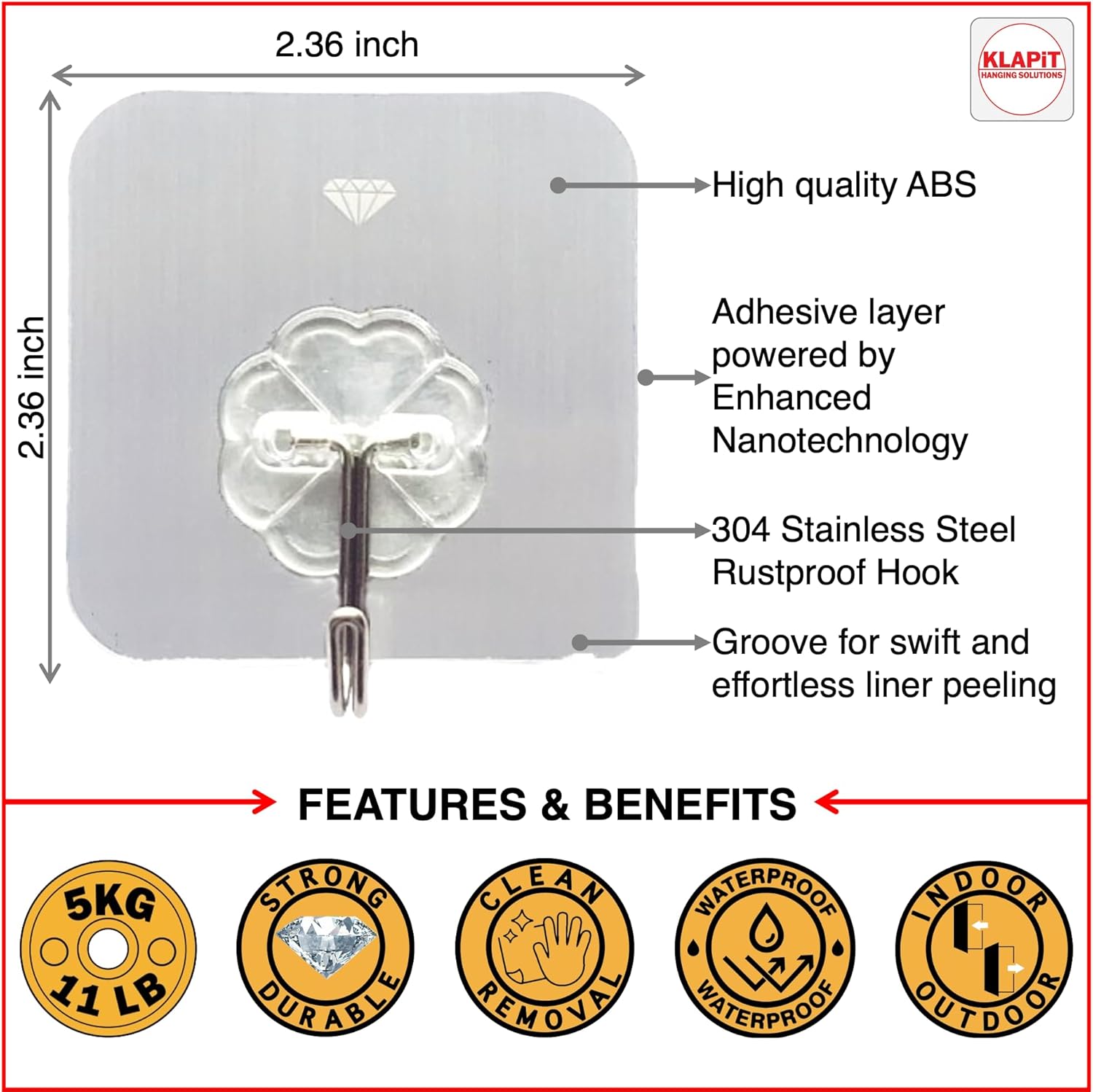 KLAPiT Super Hook - Heavy-Duty Adhesive Clear Wall Hooks, Holds Up to 11 lbs, Waterproof, No