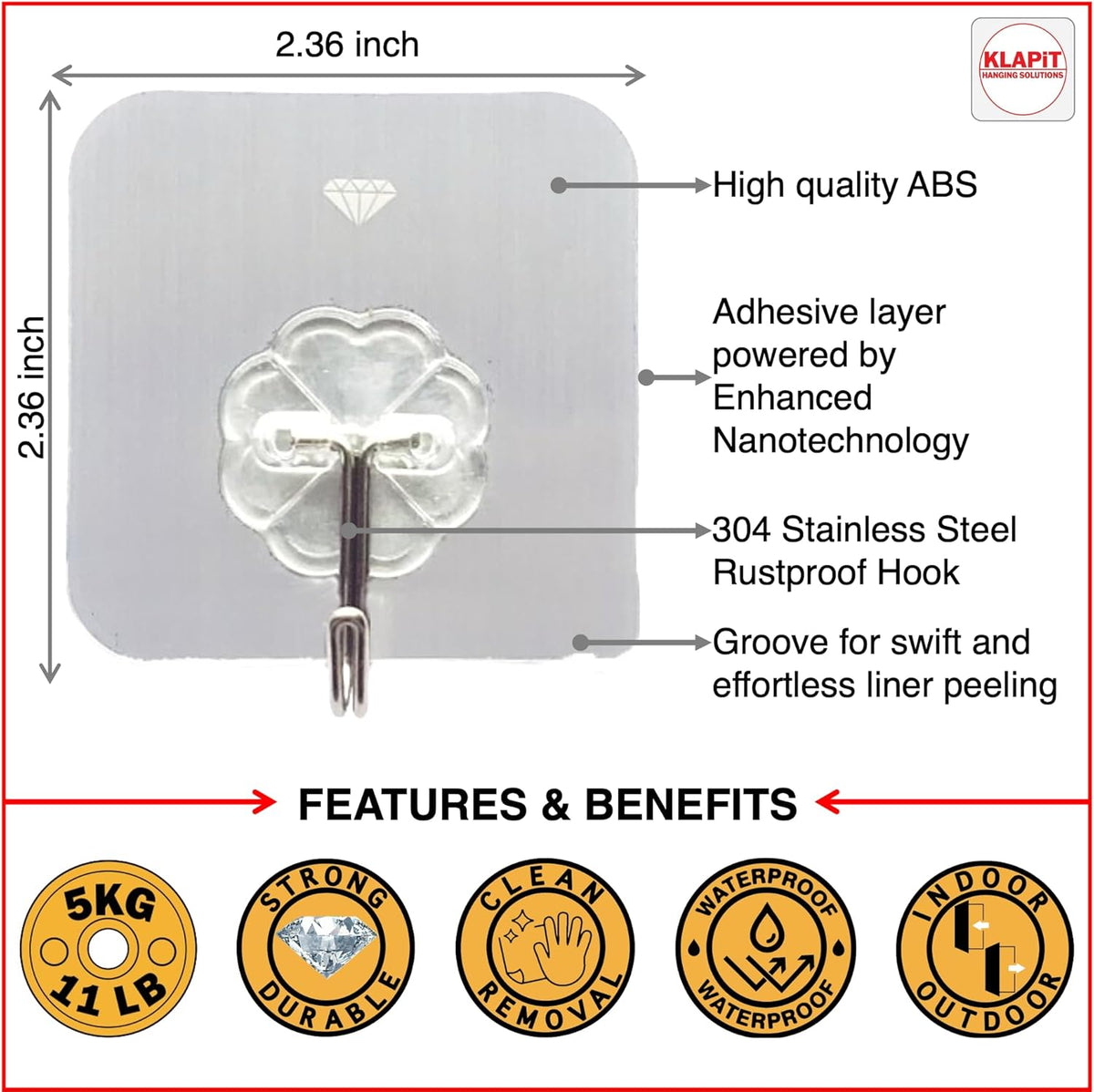 KLAPiT Super Hook - Heavy-Duty Adhesive Wall Hooks, Holds Up to 11 lbs, Waterproof, No Damage, Easy