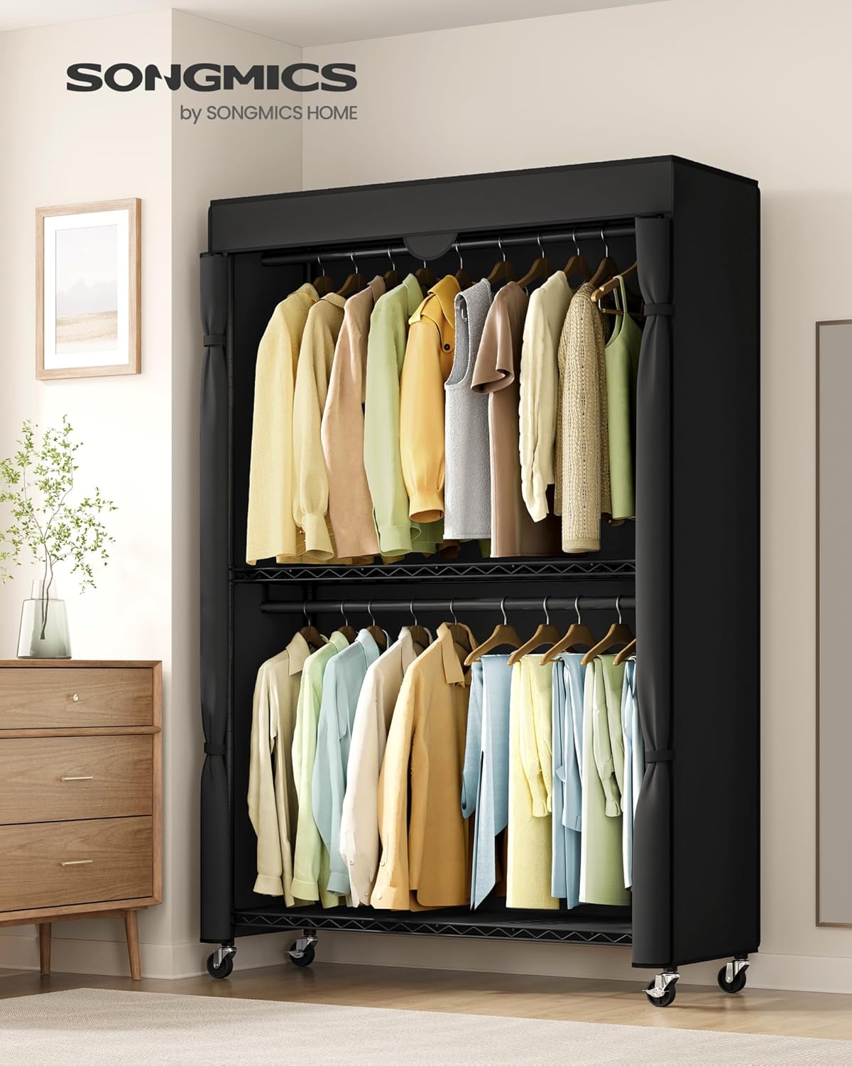 SONGMICS Heavy-Duty Rolling Clothes Rack, Garment Rack, Portable Closet, 43.3-Inch Wide Clothing