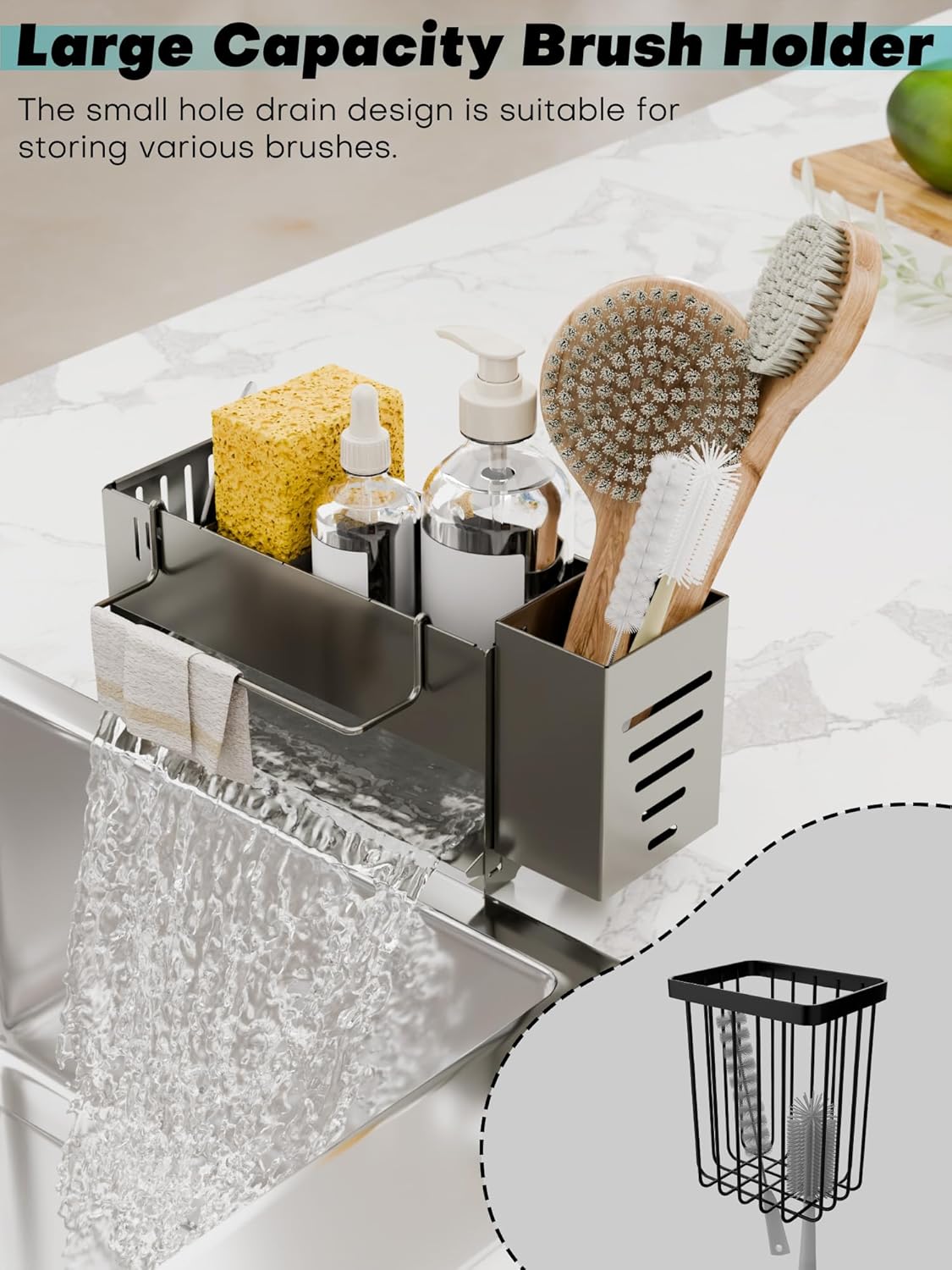 Sponge Holder for Kitchen Sink, Space-Saving Sink Caddy with Brush Holder, Kitchen Countertop