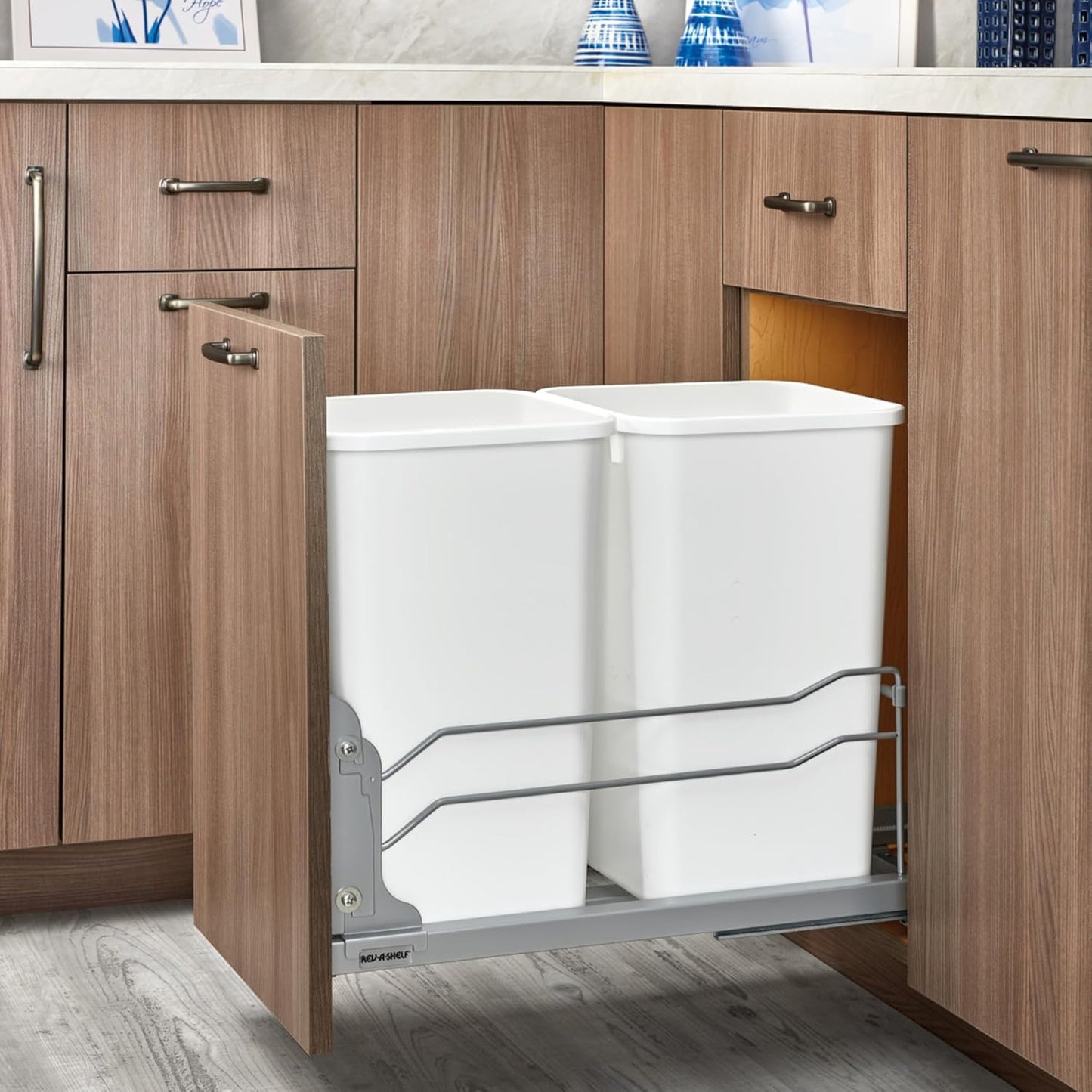 Rev-A-Shelf Double Pullout Trash Can for Base Kitchen Cabinets 27 Quart 12.5 Gallon with Soft-Close