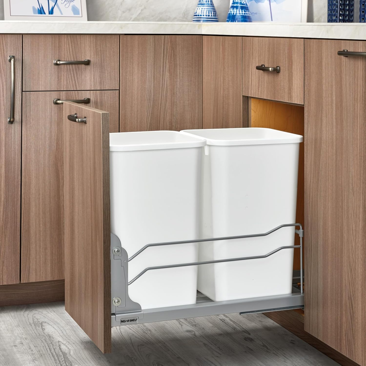 Rev-A-Shelf Double Pullout Trash Can for Base Kitchen Cabinets 27 Quart 12.5 Gallon with Soft-Close
