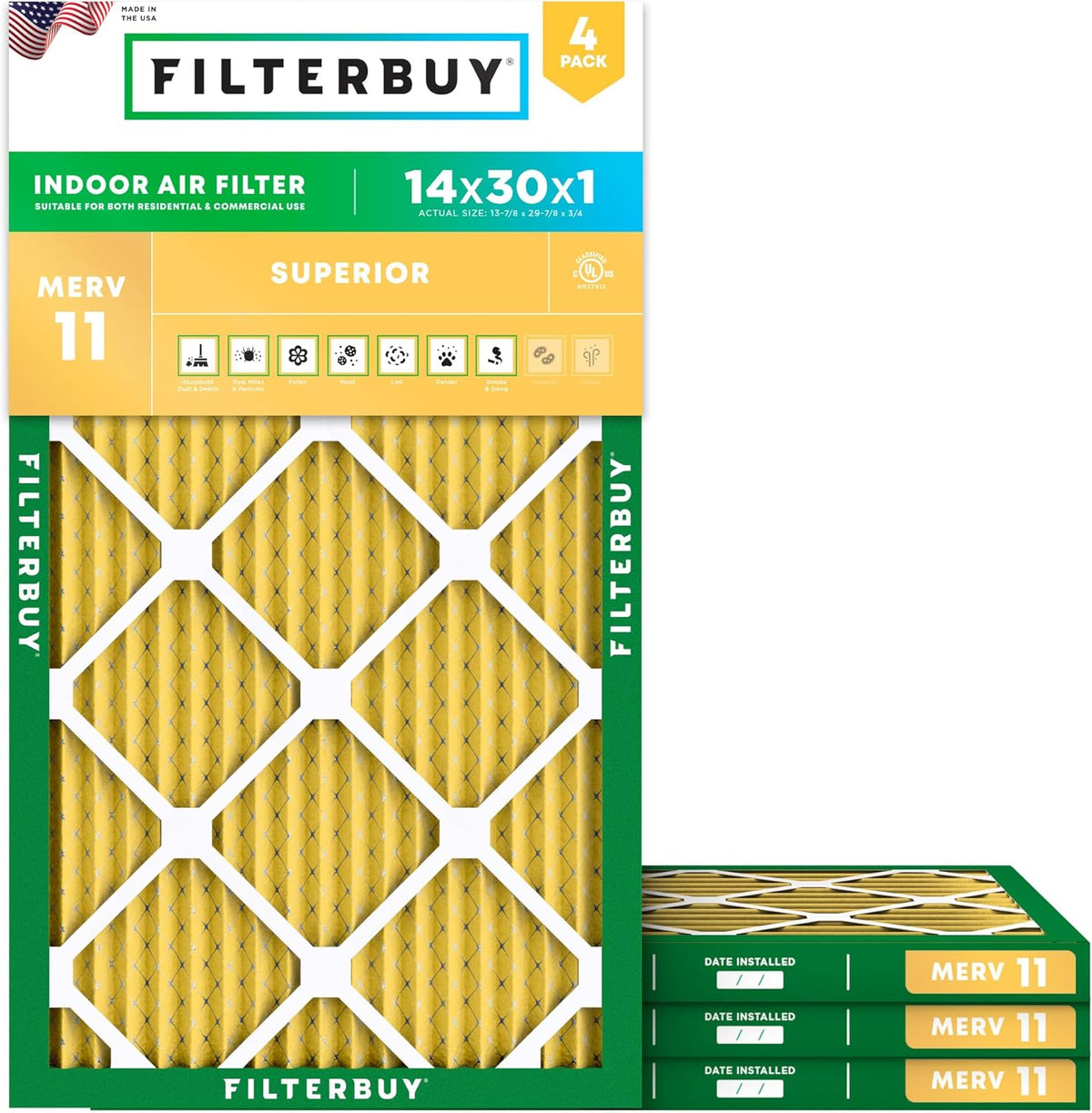 Filterbuy 14x30x1 Air Filter MERV 11 (MPR 1200) Allergen Defense Replacement (4-Pack)